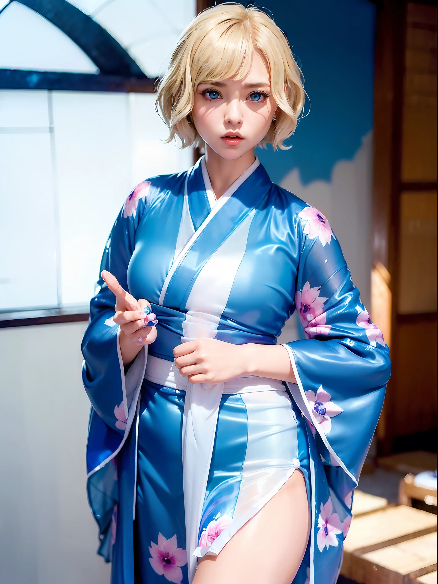 (((1人の女性、spotless、Transparent kimono、Fluttering kimono、bionde、short-hair、bobhair、side parted hair、blue eyess)))、(((blonde hair)))、 Dynamic poses、A sexy、erotick、Poses to seduce、In the ruins