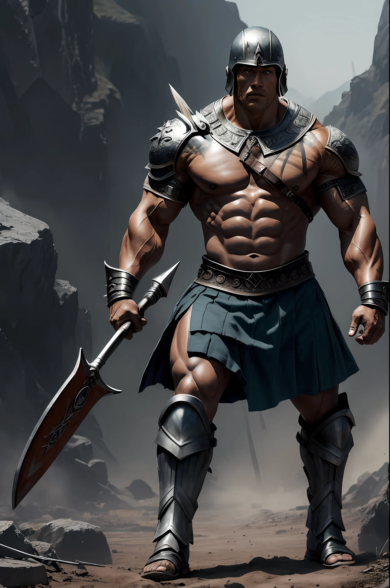 (16k, foto RAW, melhor qualidade, obra-prima: 1.2), ultra-detalhado, arte formal, foto realismo: 1.37, foto do corpo inteiro, (homem, beleza ,( Dwayne Johnson)film grain, SOLDADOde (SPARTA) ATTACK LEONIDAS pose ))detalhes ,(shield and spear), (Pointed Spear),detalhes nas roupas