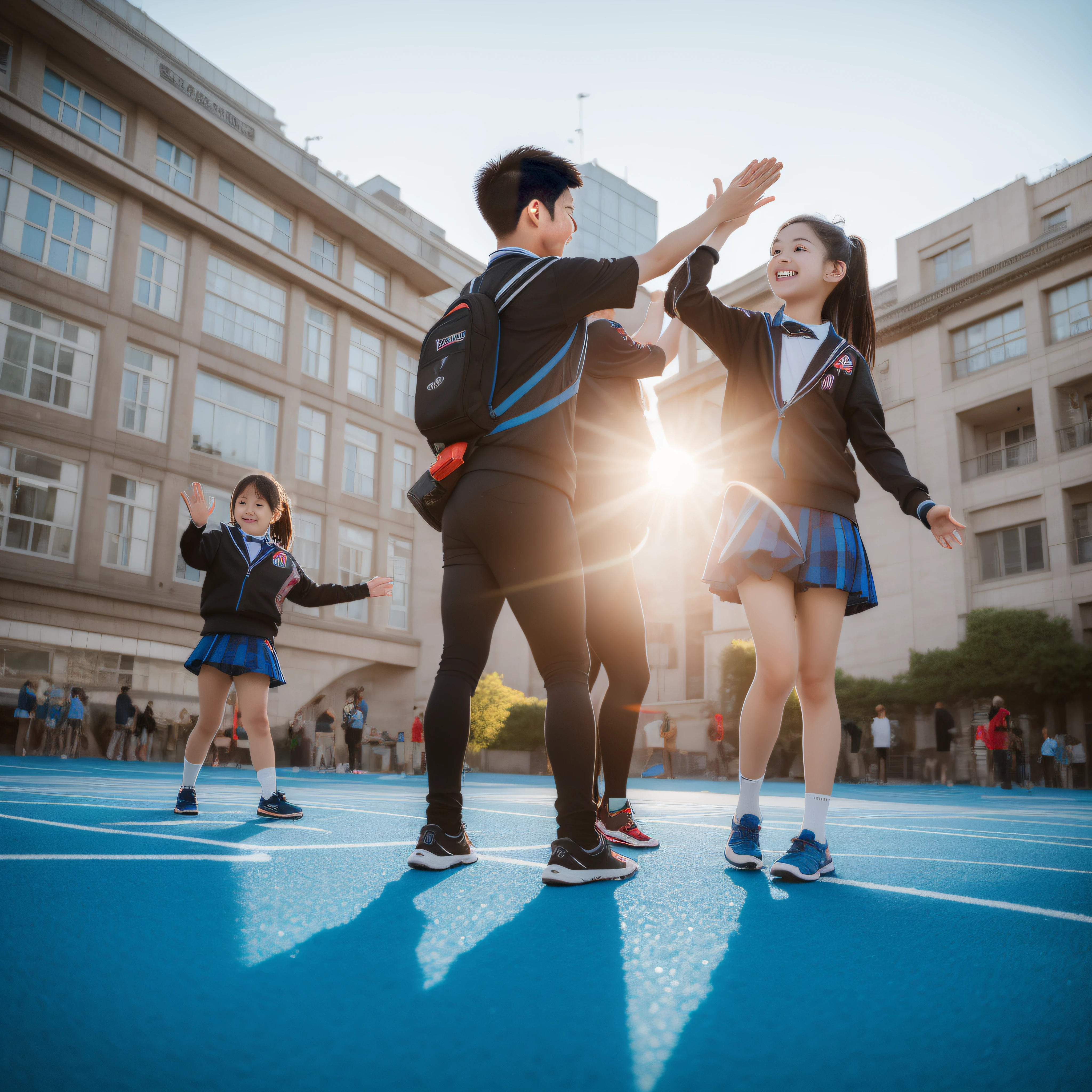 tmasterpiece,best qualtiy,couple,High five,年轻,vibrancy,sport,the detail,Good light,artistic conception,First perspective,school ground