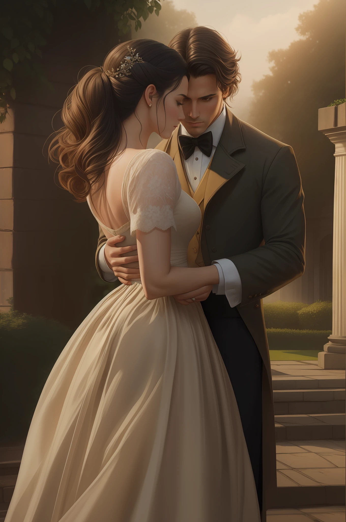 Masterpiece, best quality, RAW, analog style, A stunning portrait of a couple deeply in love in the gardens of a grand English countryside mansion in the year 1850. The man is tall, strong, and tanned handsome with brown wavy messy hair, brown eyes, and is around 30 years old. The woman is delicate with black straight hair styled in a bun, dark green eyes, and full lips, around 19 years old, scarlett ohara perfectly detailed facial traits. The couple is kissing passionately. Create a masterpiece realistic illustration with intricate details capturing their love and emotions. Use clothes appropriate for the time period, and ensure the artwork is highly detailed. Please pay close attention to the details, such as the highlights and shadows on face and hair, to create a lifelike and realistic image. Experiment with different lighting techniques to enhance the mood and atmosphere of the portrait. The final product should be a masterpiece that captures the essence and beauty of the couple, ((highly detailed skin, skin details)), sharp focus, volumetric fog, 8k UHD, DSLR, high quality, film grain, Fujifilm XT3