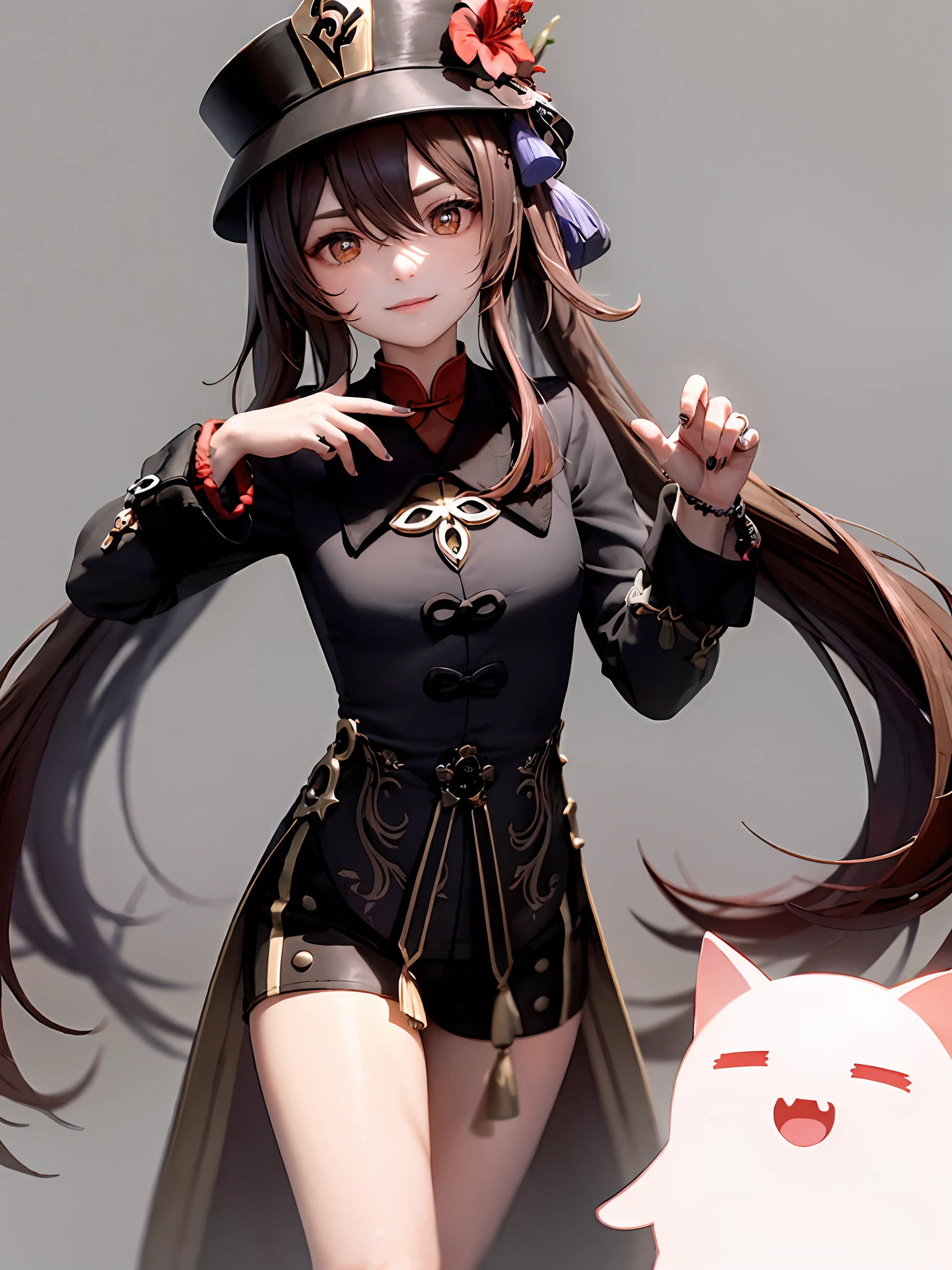 flower, Red_flower, Solo, Hat, Long_Hair,Hu Hutao \(Genshin Impact\),Mature female, Looking_at_peeping at the viewer, The upper part of the body_Body, Chinese_clothes, 1girll, Hat_flower, brown_Hair,Closed_Mouth, hibiscus, Red_Rose, spider_Lily, bangs,kbxll,Cat's paw gesture