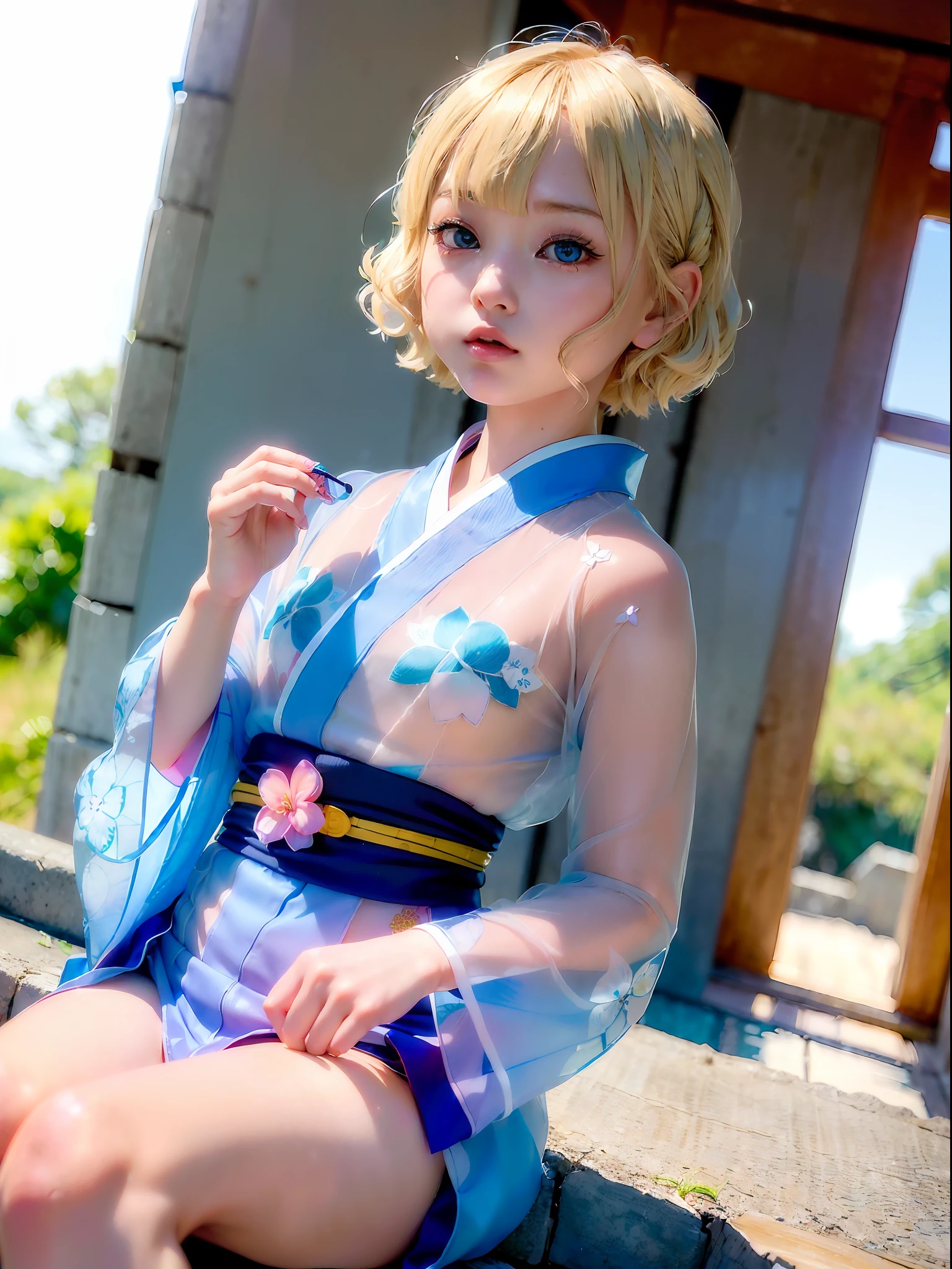 (((1人の女性、cute little、Transparent kimono、Fluttering kimono、bionde、short-hair、bobhair、side parted hair、blue eyess)))、(((blonde  hair)))、 Dynamic poses、A sexy、erotick、Poses to seduce、In the ruins