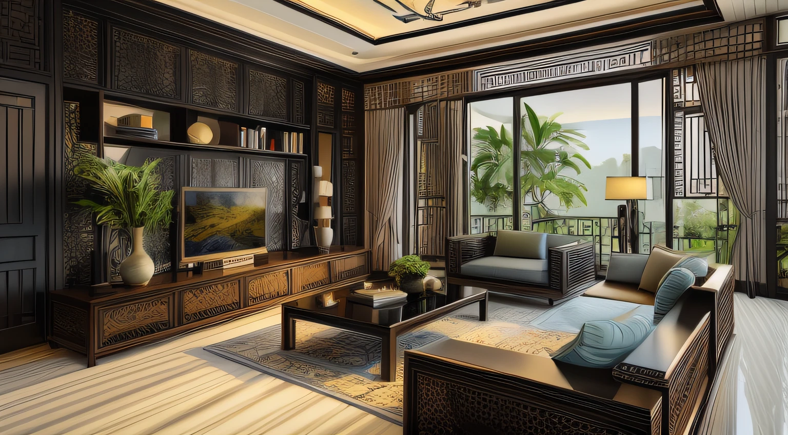 (( masterpiece)) (( ultral realistic)) (( sharp forcus)) (( high detail)) livingroom in indochina style,china , vietnam, black wooden furniture, wallpaper, patent,glossy, ceramic tiles floor,