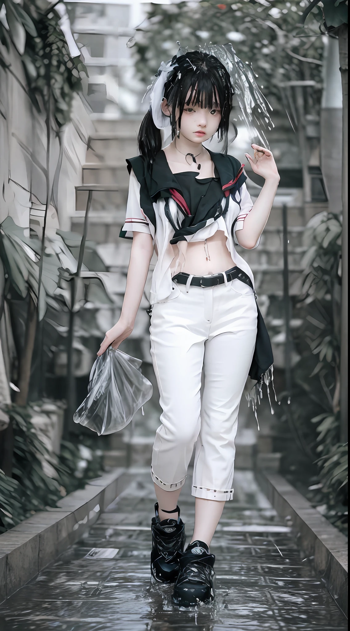 best image quality, masterpiece, super high resolution, (fidelity:1.4), photo, 1 girl, white shirt, torn long black pants, white sneakers, dim, darkness, (torn shirt:0.2), (wet clothes:1.4), bare shoulders, real rain, wet hair,..