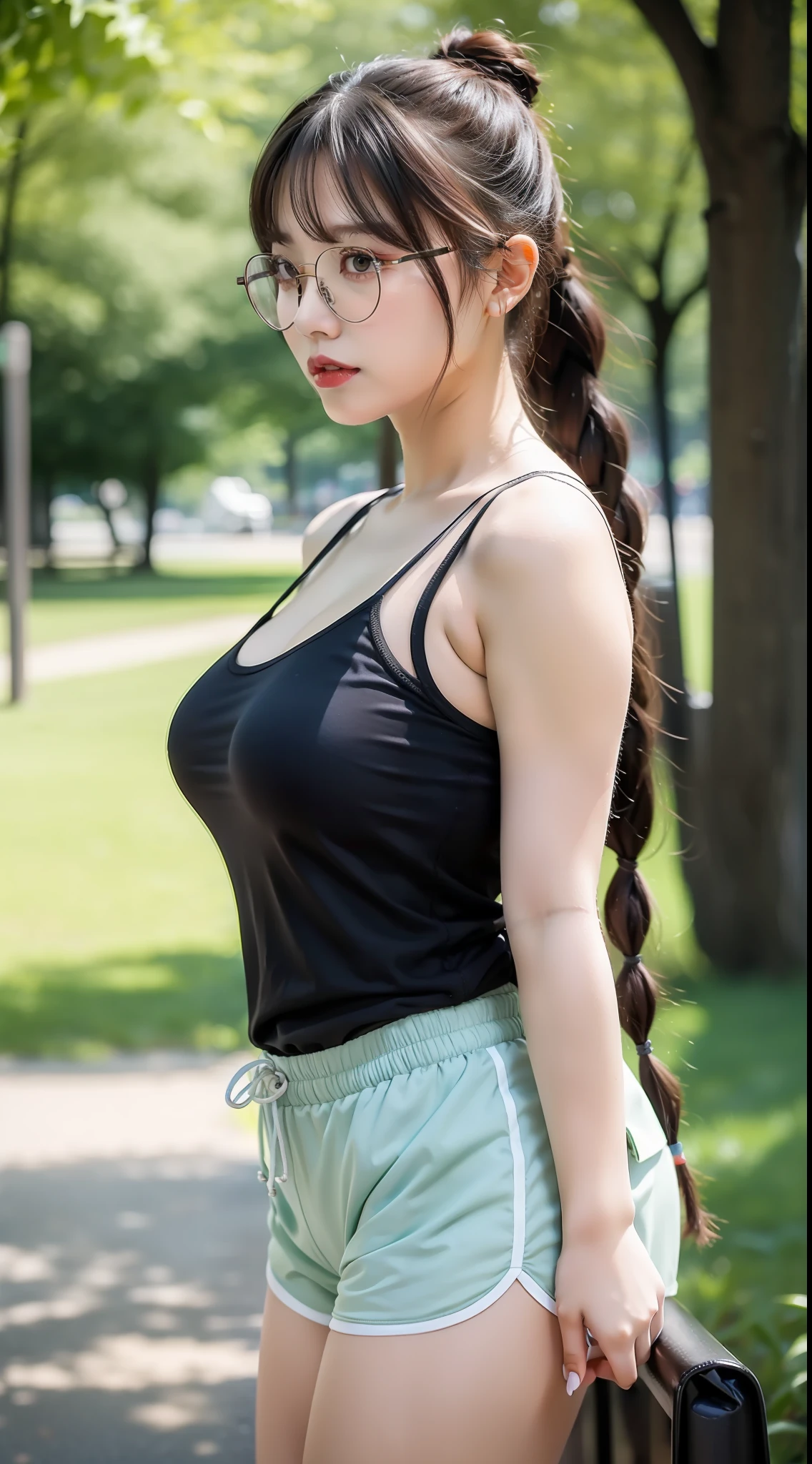 a beauti，slightly fat big breasts，plumw，Raised sexy，Loose-fit sports shorts，Thick legs，camisole，long hair braid，Black glasses frame，Take a walk in the park，natta，k hd，A high resolution