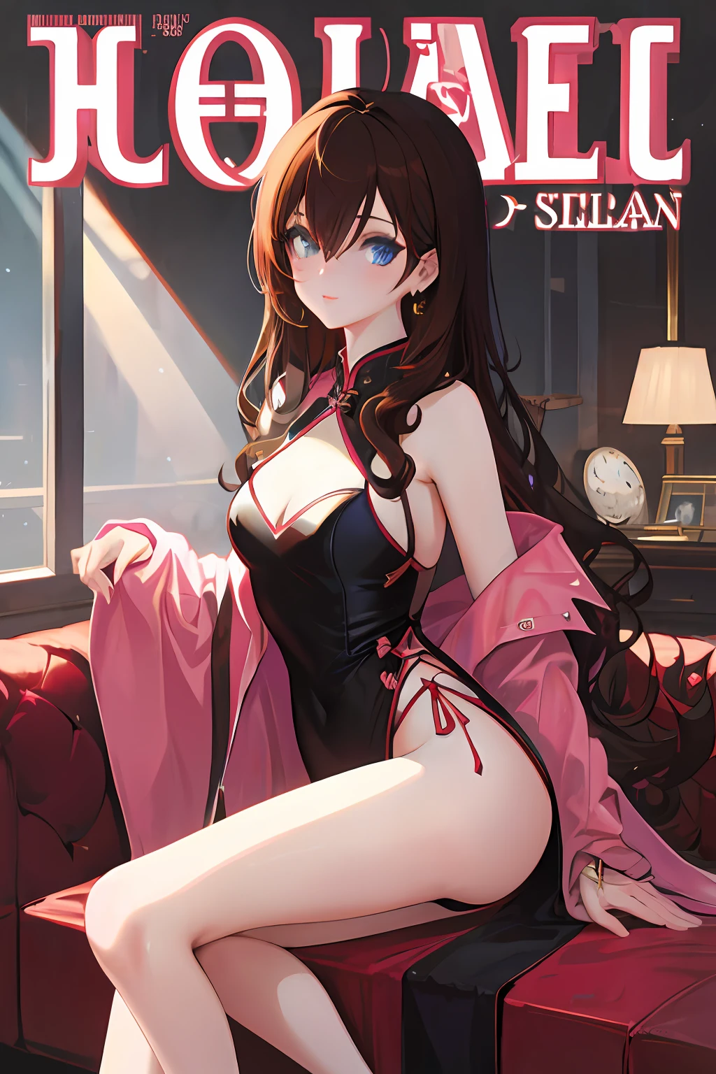 （tmasterpiece：1.3）， best qualtiy， offcial art， MagazineCover， ultra - detailed， 1girll， 1980s\（styled\）， Elegant split cheongsam，Long legs， liveroom， sitting in the couch， long whitr hair， curlies， brown  hair， eBlue eyes， eye glass， jewely， Artistically [aaron horkey|lisa frank]，Butt to front