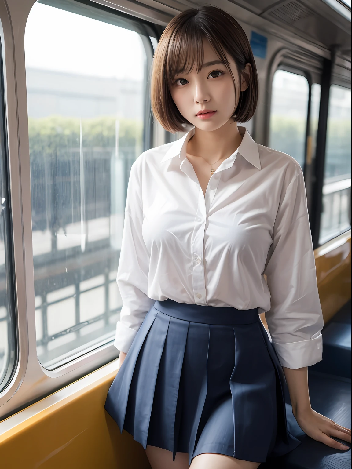 Japanese Girls、a 18 year old girl、ple short hair、Blond Hair、bangs、BROWN EYES、Perfect figure、Sense of transparency、luster、gloss、modest chest、big breasts、School Uniforms、Navy blue ribbon、Light blue shirt、Navy blue skirt、Guangyue、Burning body、hposing Gravure Idol、On the train、Beautiful feet、Strong sunlight、Nasty、Rain-drenched body、wet