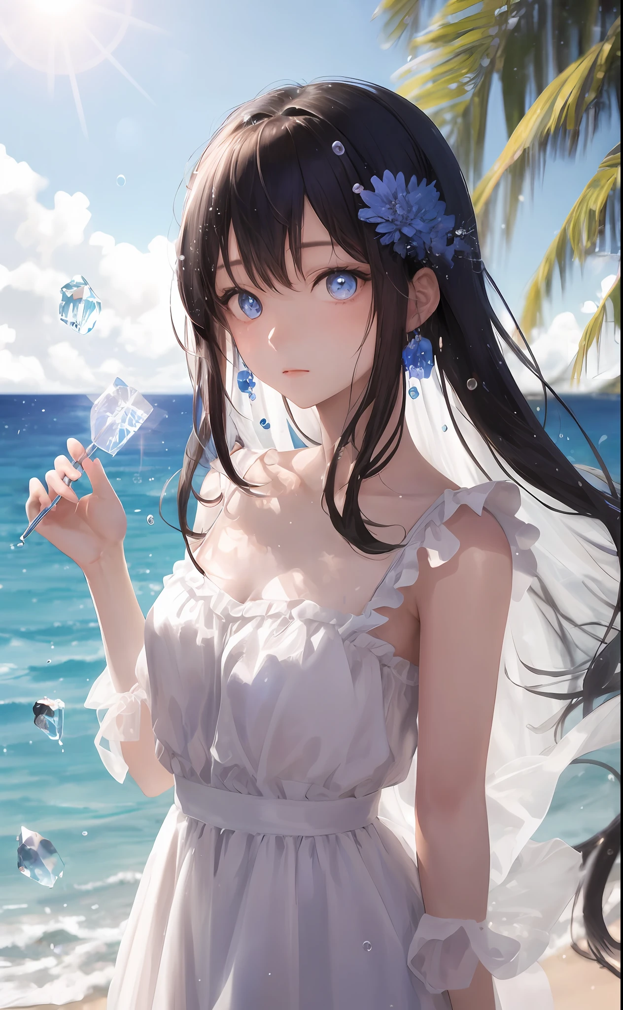 Anime girl blowing bubbles on the beach with a blue sky in the ...