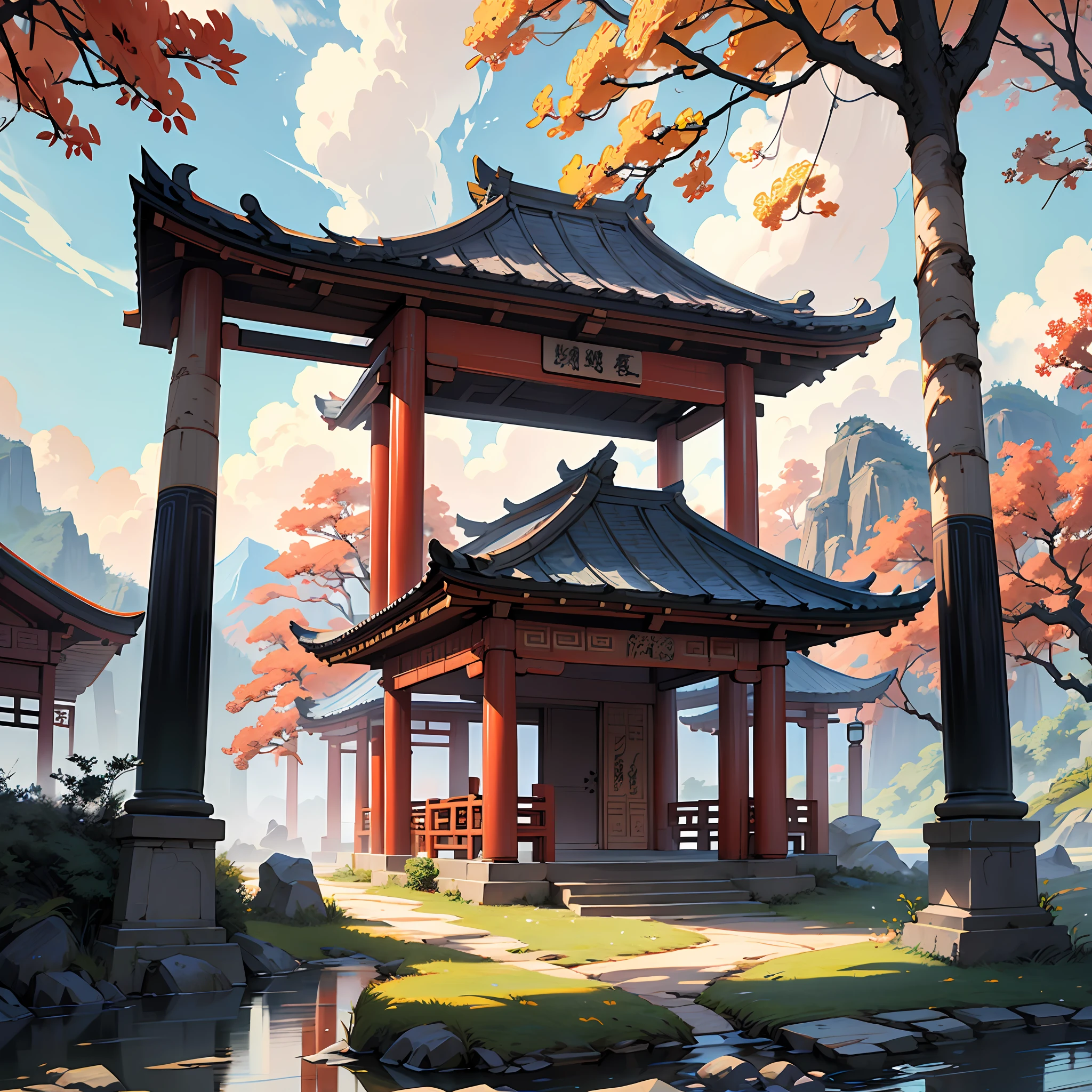 ancient chinese painting, ancient chinese background, mountains, river, auspicious clouds, pavilions, sunlight, masterpiece, super detail, epic composition, ultra hd, high quality, extremely detailed, official art, unified 8k wallpaper, super detail --auto