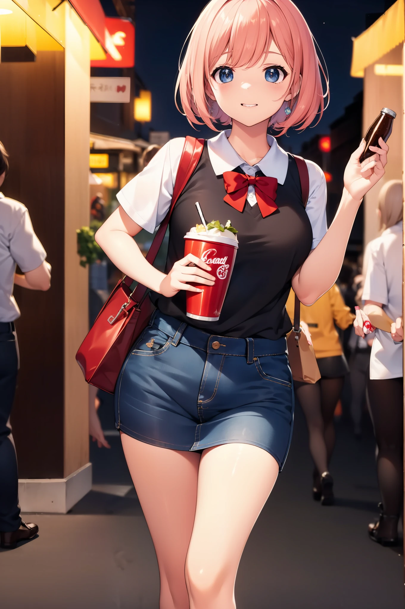 8K，UHD，high definition detail，tmasterpiece，((best details)),((high qulity))，SOLO，In the food street at night，A cute *********** wearing a slip denim skirt and short sleeved vest，Drinking Coke while walking