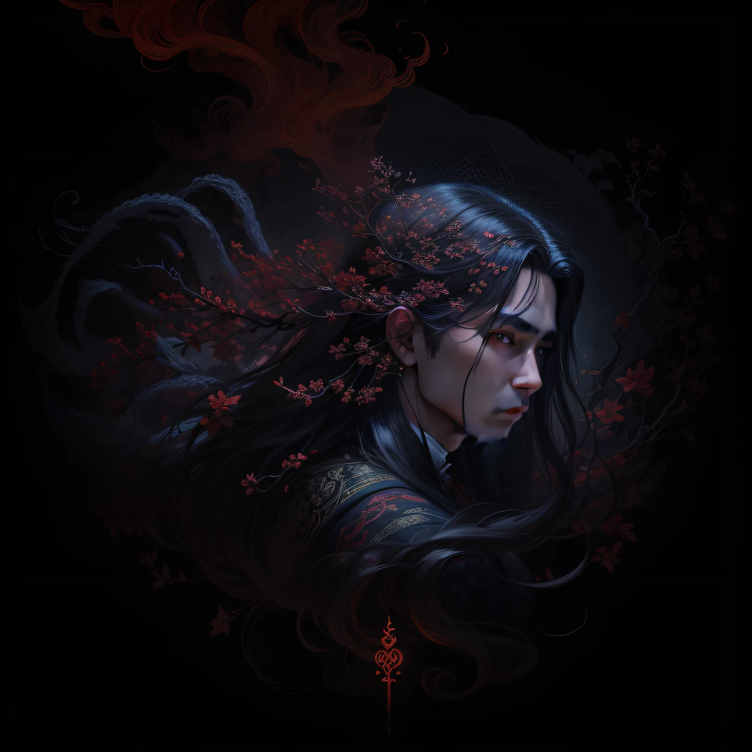 Jin Sakai, ultra detailed young man jwith long hair wearing detailed and intricate ancient clothes, in ancient cherry orchard portrait, glowy red smoke art merged with art nouveau, ink lines, 32k resolution, best quality in the style of video game Ghost of Tsushima. --auto