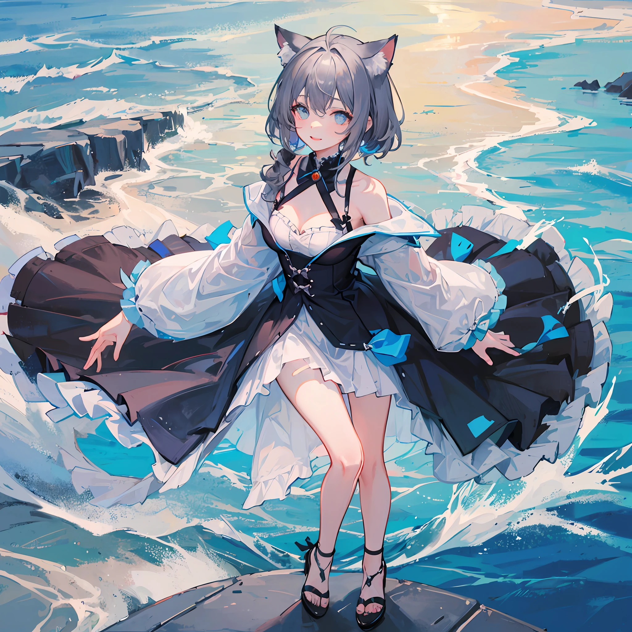 Gray-haired -yeld gicat ear,blue color eyes,Sideslit,ssmile。Have by the sea。