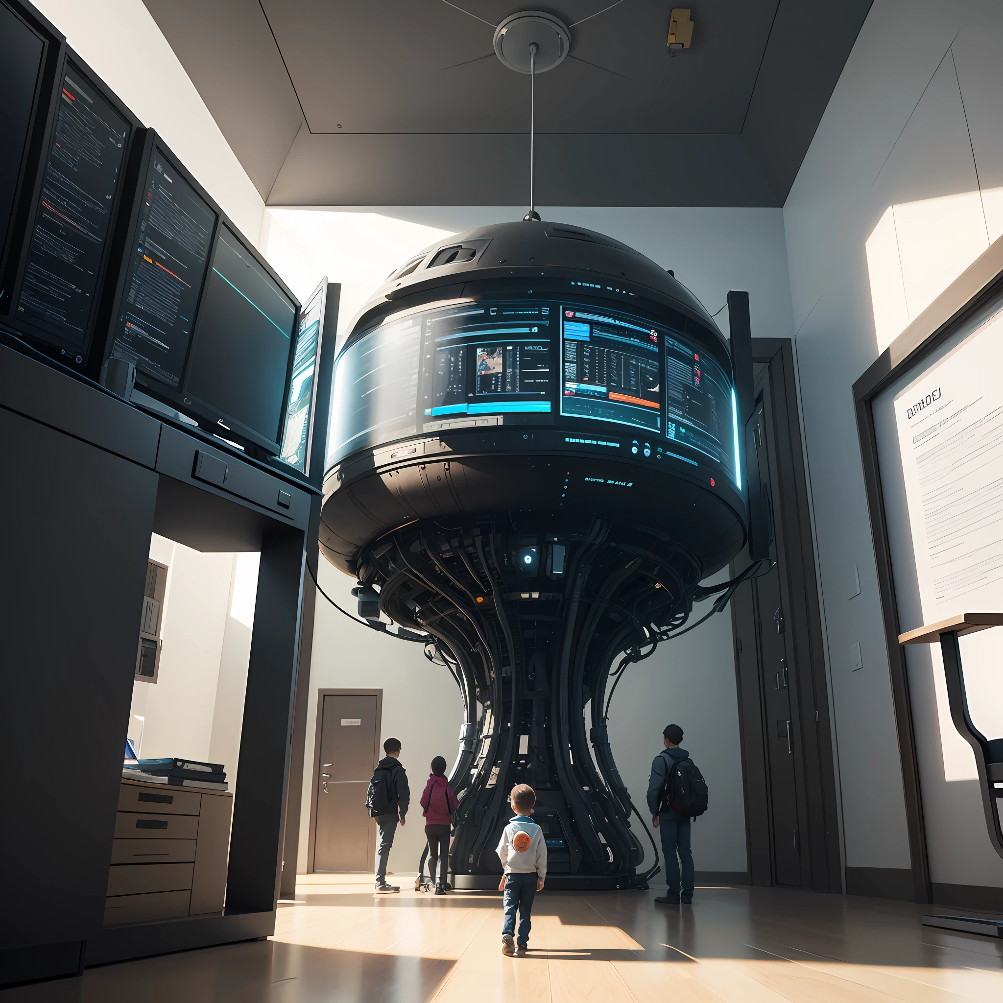 A room with computers connected in artificial intelligence , Ultra realistic futuristic scenario with children and studying in an ultra future scenario --auto
