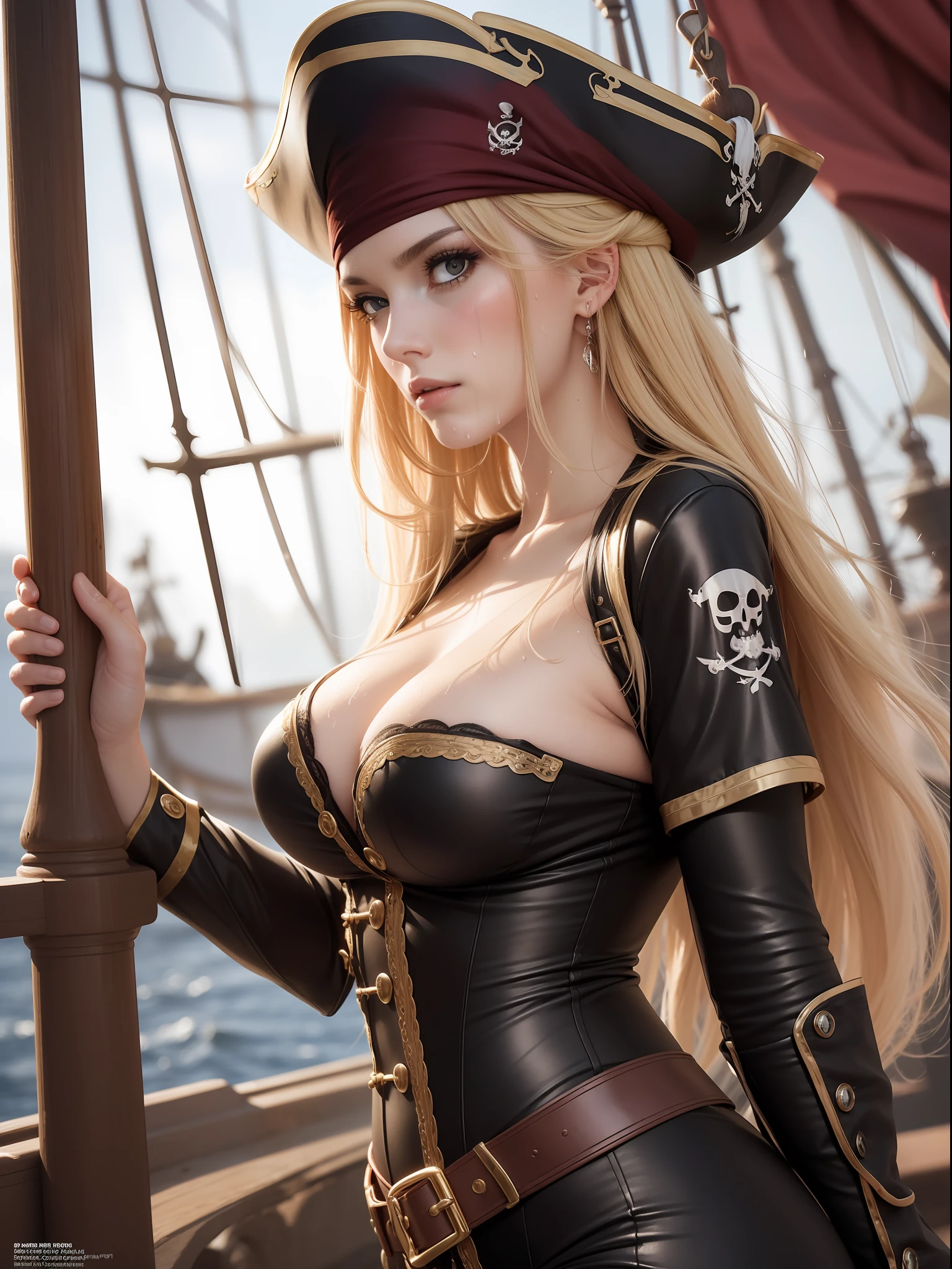 masuter piece, best qualtiy, (((realisitic, Photorealsitic:1.37))), ((Solo)), 8K image quality, Extremely delicate and beautiful, splendid, Official art with attention to detail, Ridiculous, Unbelievably ridiculous, huge filesize, ultra-detailliert, ighly detailed, (Pretty girl), (detailed girl), extremely detailed eye and face, Beautiful detailed eyes, Light makeup,, (Perfect female figure), large full breasts, Slim waist, big butts, (Nordic blonde beauty), ((fullllbody)), With bangs, (On the pirate ship), (((Female Pirate))), Red Pirate Suit, ((sodden)), ((full of sweat)),