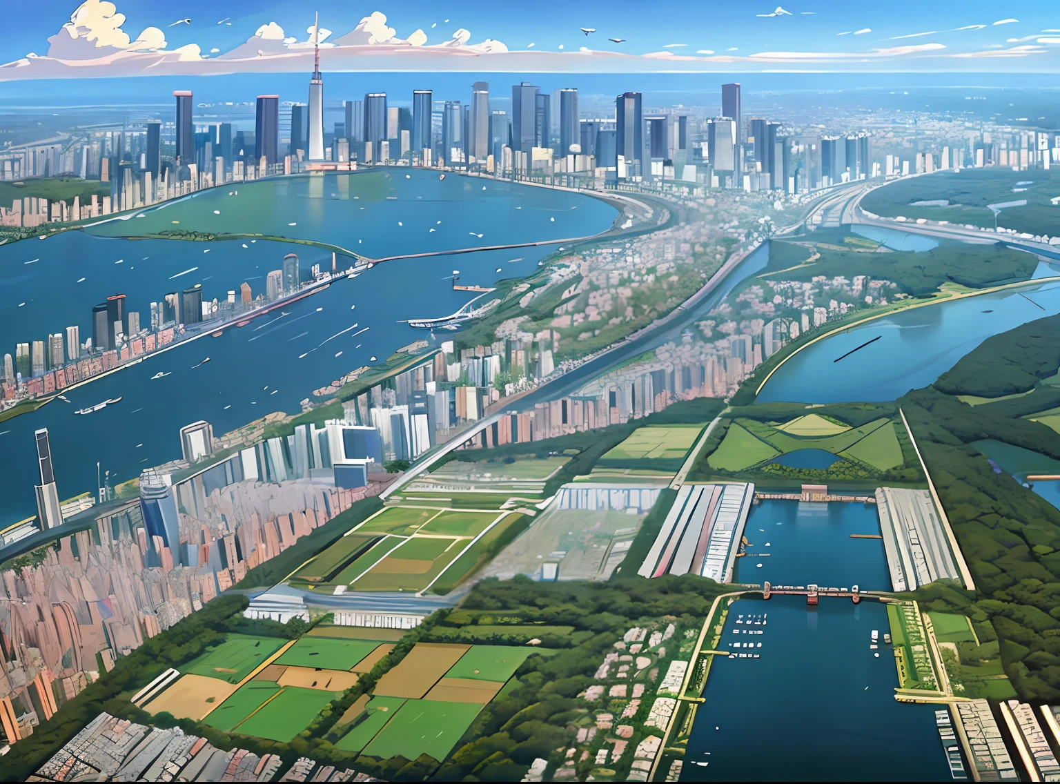super ultra detail、Top image quality、Masterpiece large area 2D map,Get a bird's eye view of Tokyo's urban countryside,super wide viewing Angle,Busy streets and towering buildings,Breathtaking cityscape。