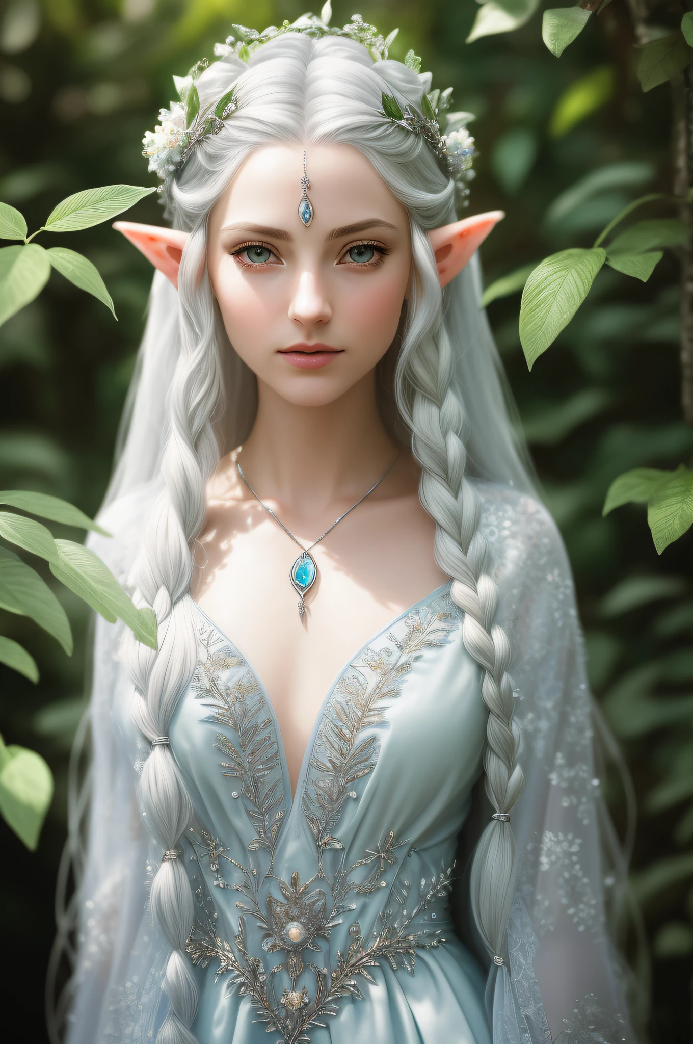 (detailed face, detailed eyes, clear skin, clear eyes), (photorealistic:1.35), (lotr, fantasy, elf, female), full body, (beautiful long white hair), small braids down sides of head, (elegant pale blue elven dress, embroidered details), (silver leaf circlet), (jewelry), ethereal, looking at viewer, portrait, photography, detailed skin, realistic, 8k, highly detailed, full length frame, High detail RAW color art, piercing, (diffused soft lighting), shallow depth of field, ((sharp focus)), (hyperrealism), (subsurface scattering), detailed skin texture, cinematic lighting, award winning, good anatomy, good proportions, good compositions, masterwork, masterpiece, (stunning, gorgeous, breathtaking), small breasts, falling leaves,