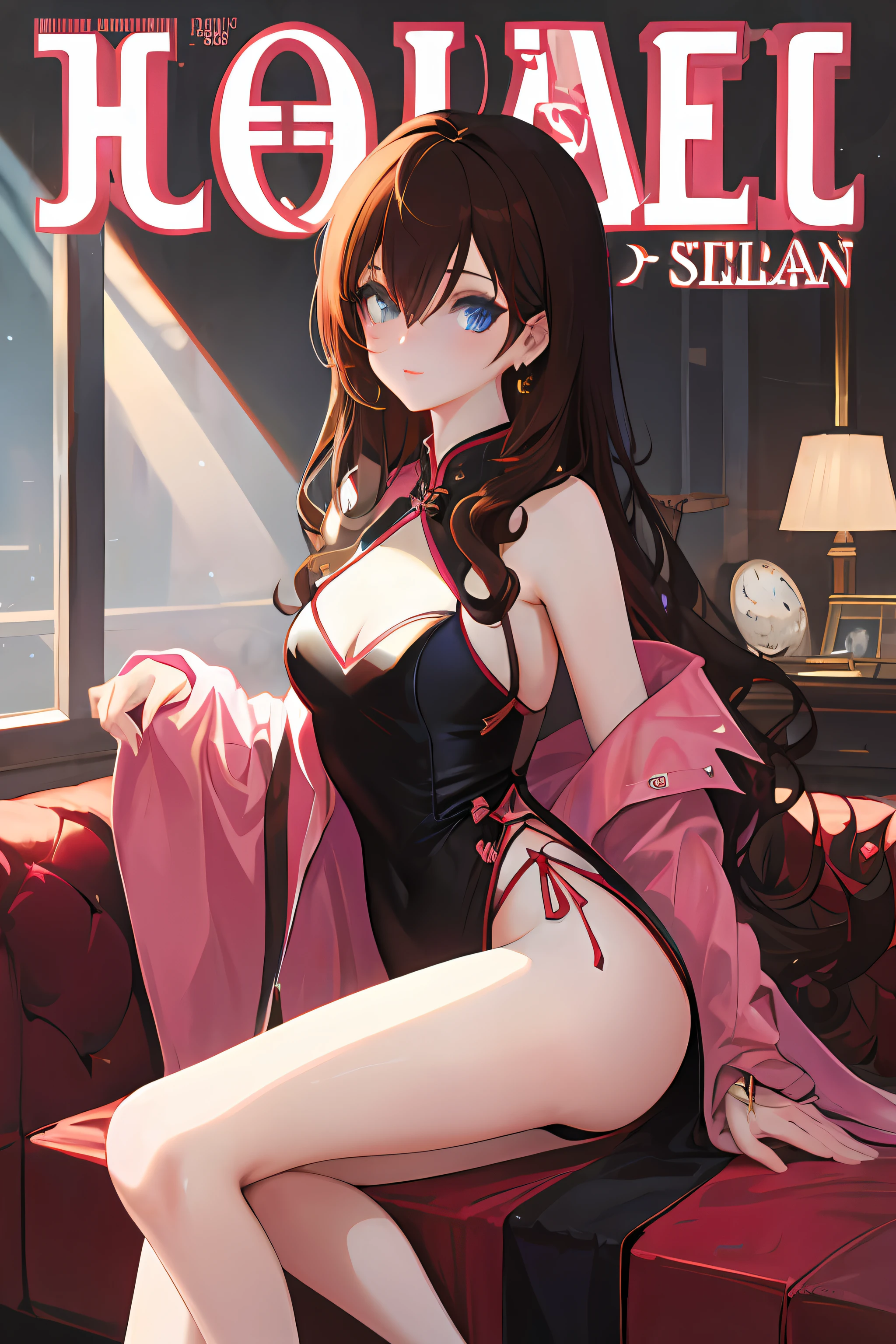 （tmasterpiece：1.3）， best qualtiy， offcial art， MagazineCover， ultra - detailed， 1girll， 1980s\（styled\）， Elegant split cheongsam，Long legs， liveroom， sitting in the couch， long whitr hair， curlies， brown  hair， eBlue eyes， eye glass， jewely， Artistically [aaron horkey|lisa frank]，Butt to front