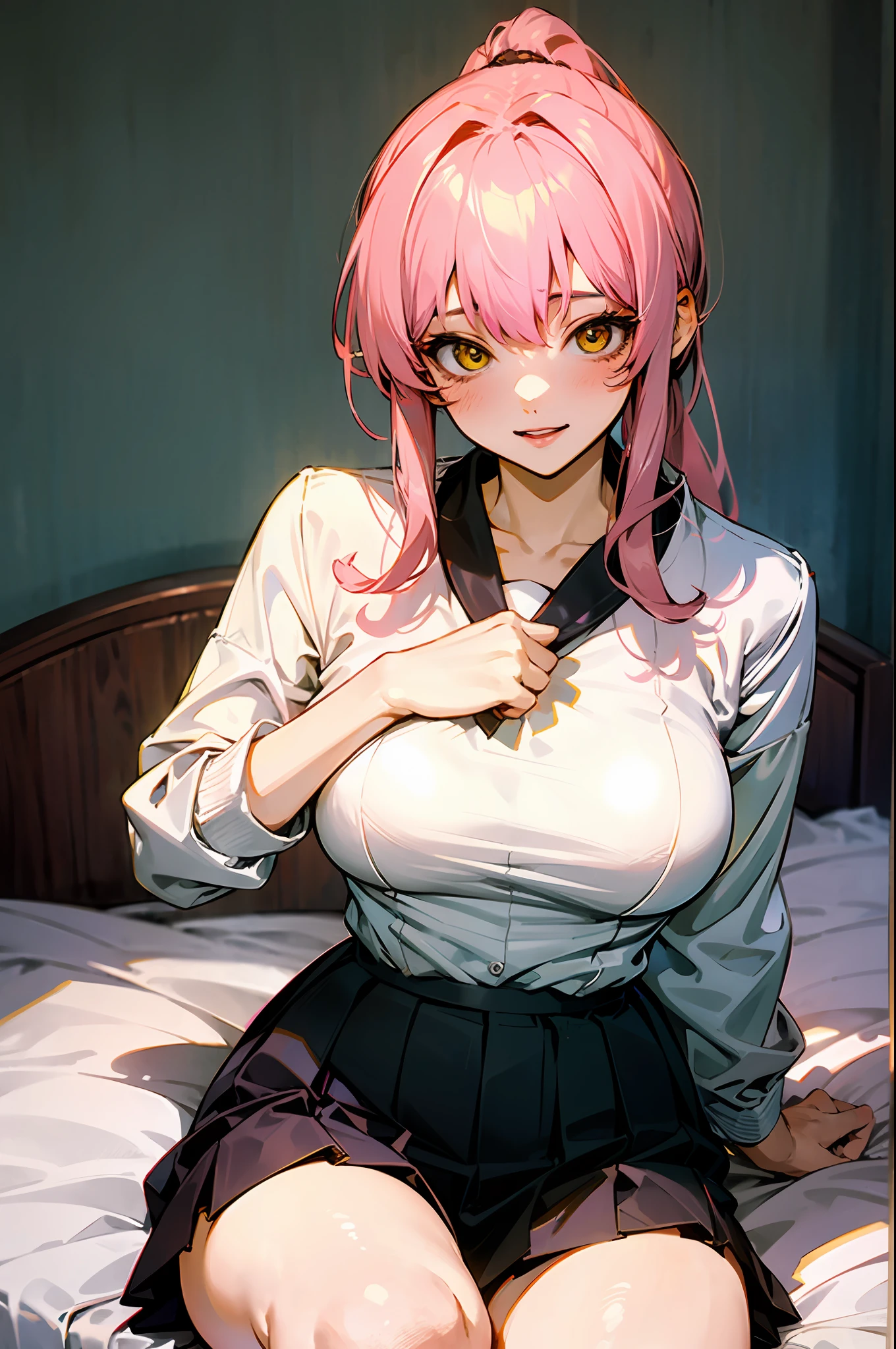 High ponytail,Kizi,A pink-haired,B is covered by a bra,sit on a bed,The face is slightly red,is shy,adolable,Pure,JK skirt,a sailor suit,Royal Sister,Raised sexy