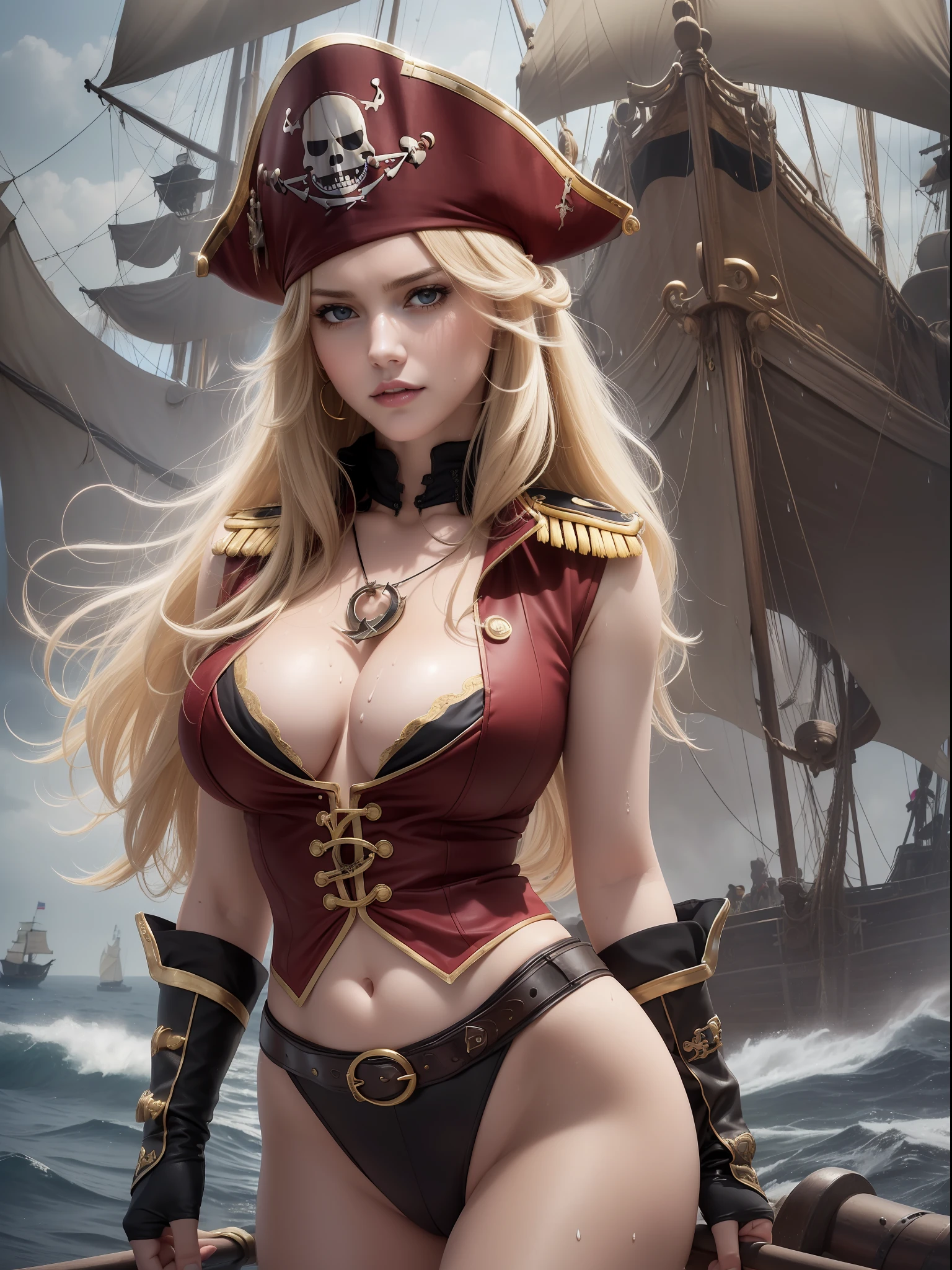masuter piece, best qualtiy, (((realisitic, Photorealsitic:1.37))), ((Solo)), 8K image quality, Extremely delicate and beautiful, splendid, Official art with attention to detail, Ridiculous, Unbelievably ridiculous, huge filesize, ultra-detailliert, ighly detailed, (Pretty girl), (detailed girl), extremely detailed eye and face, Beautiful detailed eyes, Light makeup,, (Perfect female figure), large full breasts, teats, Slim waist, big butts, (Nordic blonde beauty), ((fullllbody)), With bangs, (On the pirate ship), (((Female Pirate Captain))), Red Pirate Suit, ((sodden)), ((full of sweat)),