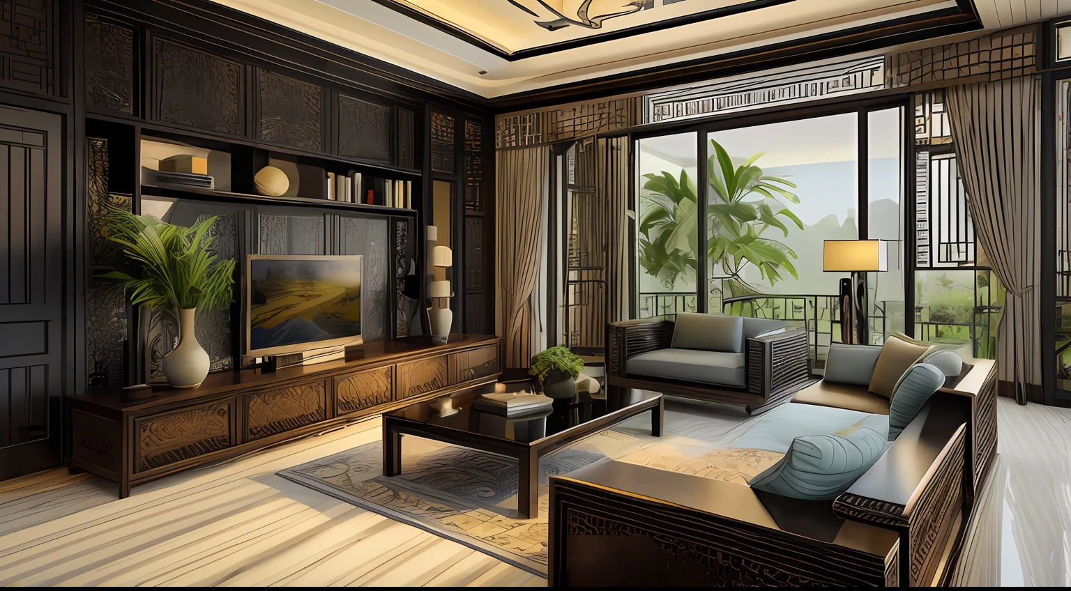 (( masterpiece)) (( ultral realistic)) (( sharp forcus)) (( high detail)) livingroom in indochina style,china , vietnam, black wooden furniture, wallpaper, patent,glossy, ceramic tiles floor,