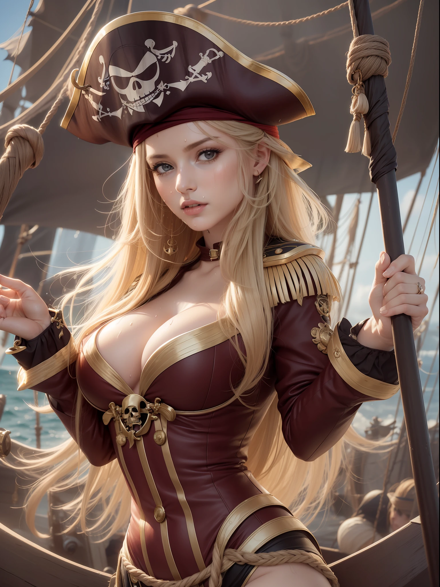 masuter piece, best qualtiy, (((realisitic, Photorealsitic:1.37))), ((Solo)), 8K image quality, Extremely delicate and beautiful, splendid, Official art with attention to detail, Ridiculous, Unbelievably ridiculous, huge filesize, ultra-detailliert, ighly detailed, (Pretty girl), (detailed girl), extremely detailed eye and face, Beautiful detailed eyes, Light makeup,, (Perfect female figure), large full , teats, Slim waist, big butts, dic blonde beauty), ((fullllbody)), With bangs, (On the pirate ship), (((Female Pirate Captain))), Red Pirate Suit, ((sodden)), ((full of sweat)),