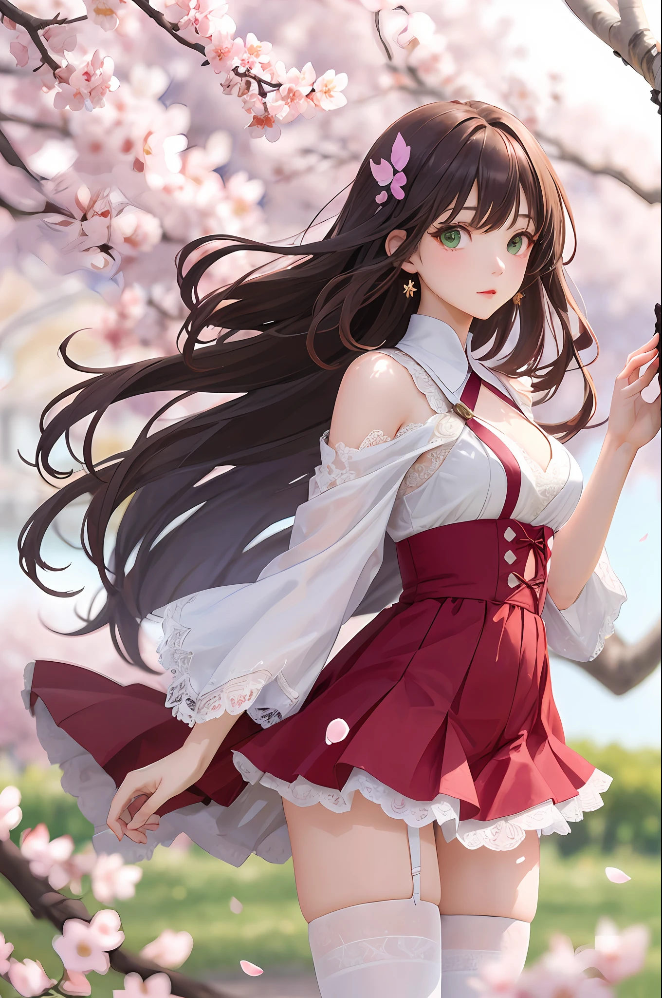 1girl, solo, long hair blown by wind, green eyes, white stocking, lace, look at viewer, luxurious, elegant, extremely detailed, majestic, blurry, blurry background, tree, branch, cherry blossoms, butterfly, flower petals blown by wind, depth of field,