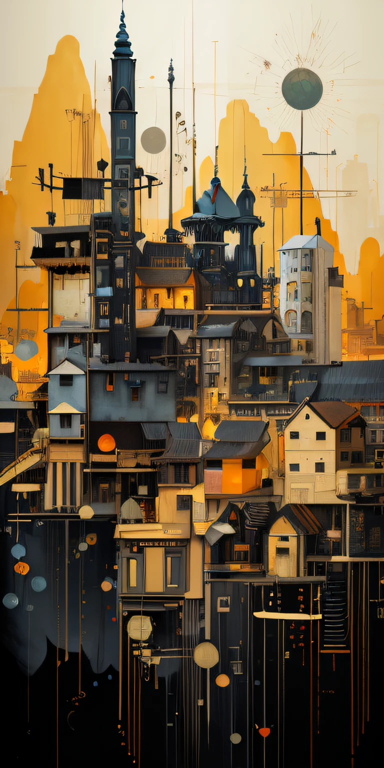 There is a painting,It is painted of a city with many buildings, realistic painting of a complex, very coherent stylized artwork, oil painted, intricate digital painting, author:Tim Bishop, highly detailed digital artwork, 4k highly detailed digital art, high quality architectural art, an illustration of inspired by Ivan Generalić, intricate digital artwork