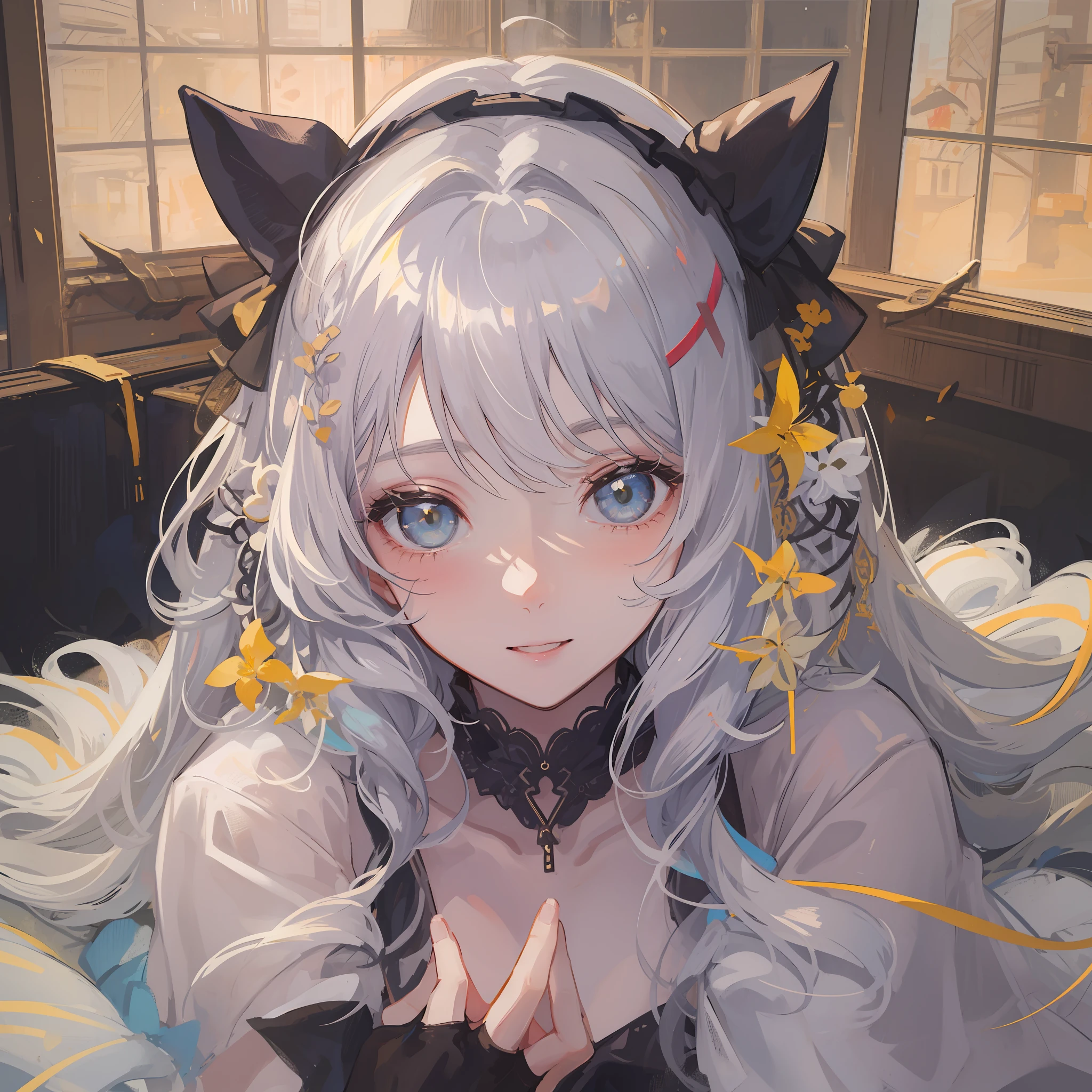 long white hair,-yeld gionbed,Warm yellow side light,blue color eyes,ssmile