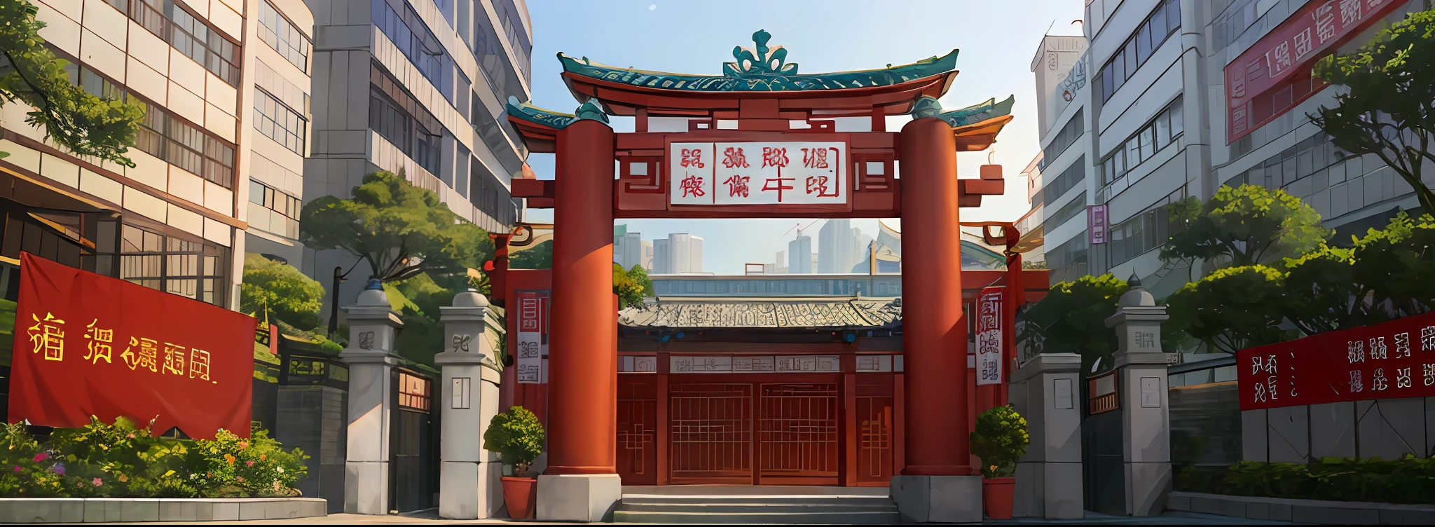 University gates，The name of the university is Guangdong University of Finance，Vintage architecture，Financial elements，detail processing，Elevation viewing angle，Entrance gate，University façade，There is a sign of Guangdong University of Finance at the entrance and on the wall，Traditional Chinese characters of Guangdong University of Finance