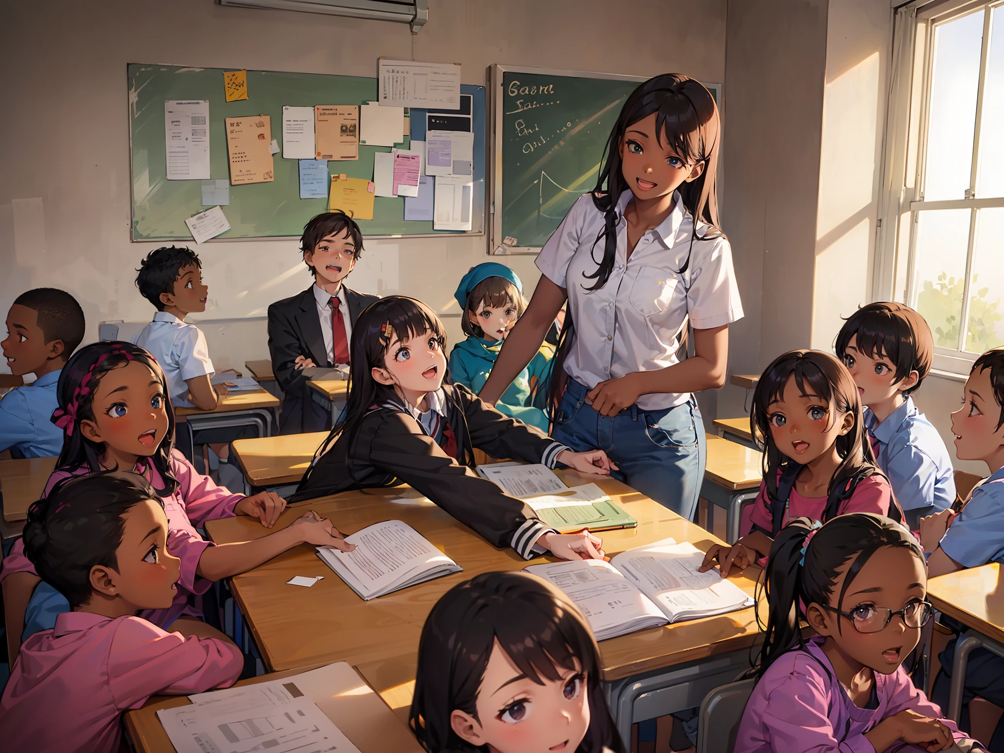 In a dilapidated classroom, the infectious enthusiasm of African children fills the air as they engage in interactive learning led by a dedicated teacher. Their joyful expressions and eagerness to absorb knowledge transcend the challenging environment they find themselves in --auto --s2