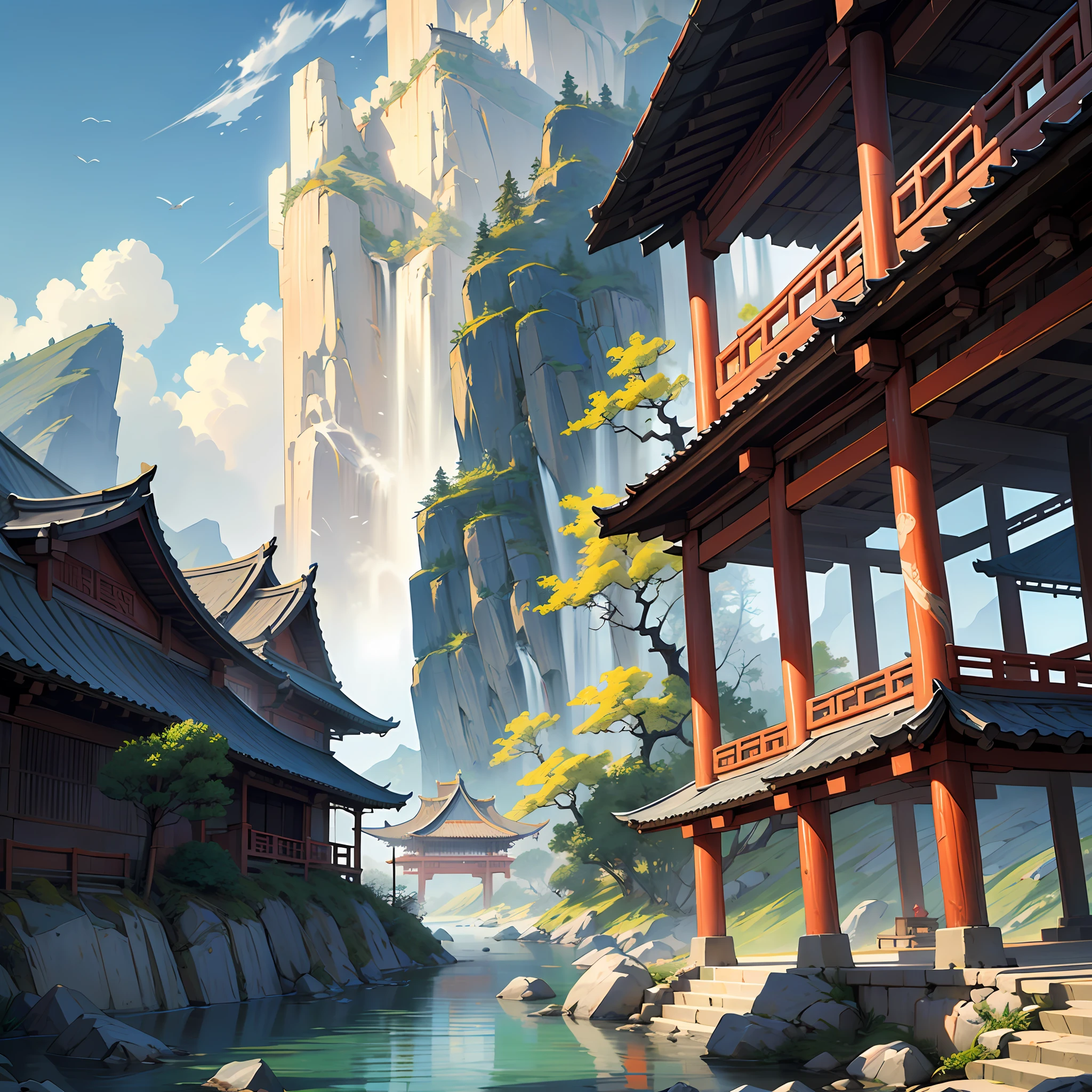 ancient chinese painting, ancient chinese background, mountains, river, auspicious clouds, pavilions, sunlight, masterpiece, super detail, epic composition, ultra hd, high quality, extremely detailed, official art, unified 8k wallpaper, super detail --auto