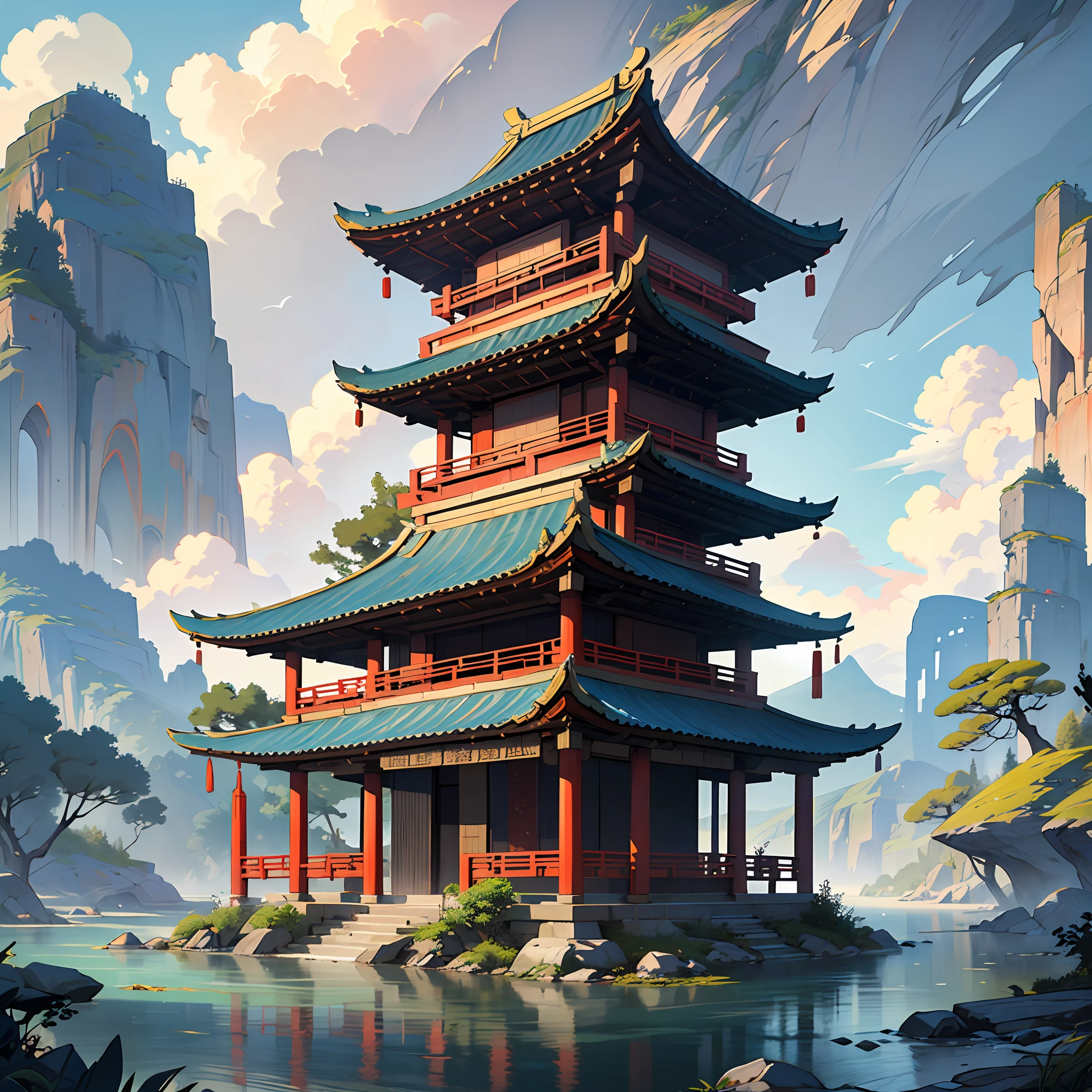 ancient chinese painting, ancient chinese background, mountains, river, auspicious clouds, pavilions, sunlight, masterpiece, super detail, epic composition, ultra hd, high quality, extremely detailed, official art, unified 8k wallpaper, super detail --auto