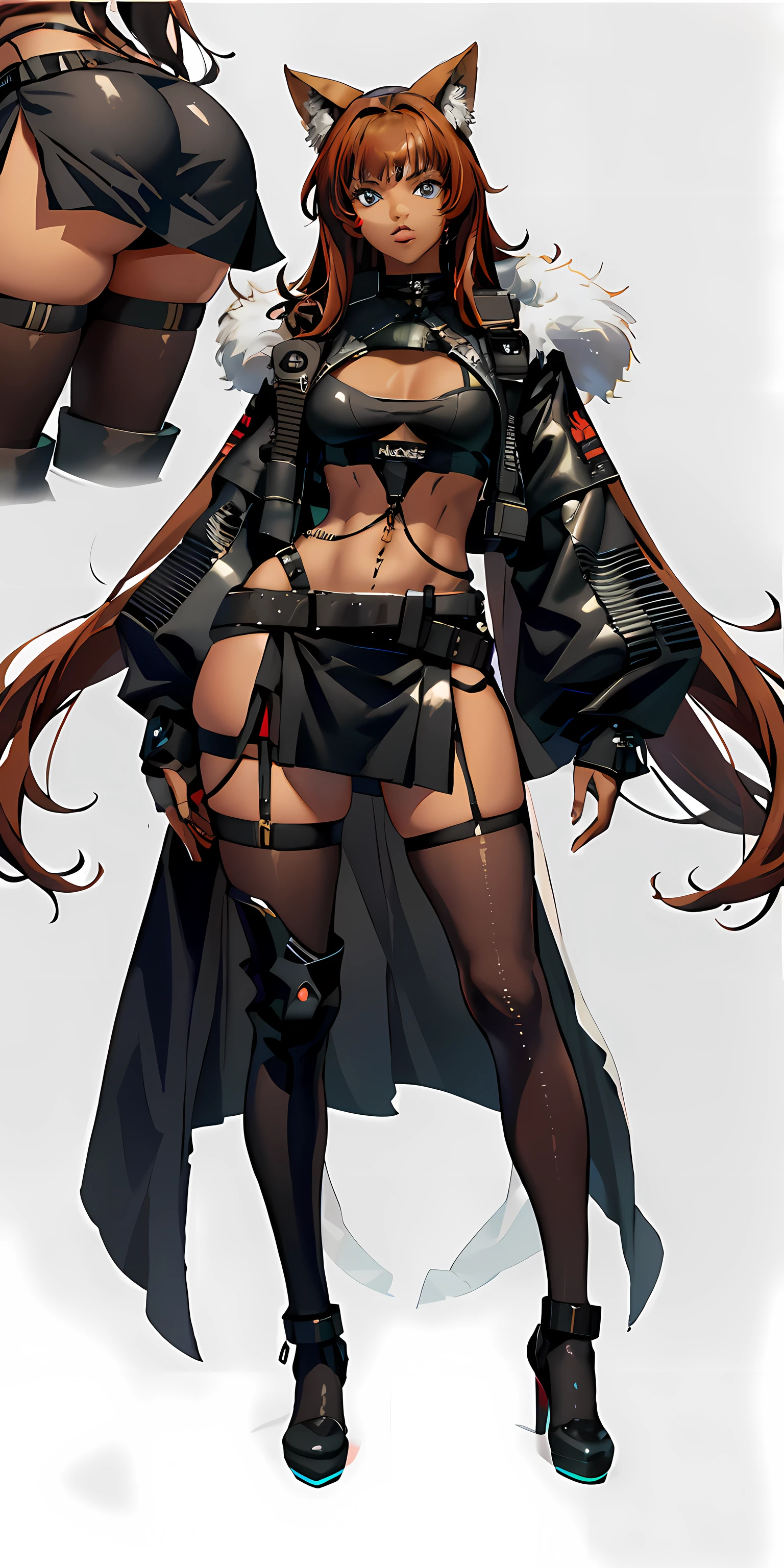 full body reference, fullbody shot, zoom out, female character with chocolate brown skin and ginger red hair, she has long wavy hair that is ginger red, she has grey colored eyes, she looks mature and older, she is wearing a cyberpunk skirt with thigh high stockings, she is also wearing a crop top and cleavage, she is wearing a thong underneath the skirt, she is a fur lined jacket, sleeves she is wearing silver jewelry, she has brown skin, deep brown skin, cyberpunk aesthetic, cyberpunk, techware, skirt, fashion, lots of straps on the outfit, futuristic outfit, sexy, female cyberpunk anime black girl, cyberpunk 3 0 y. o model girl