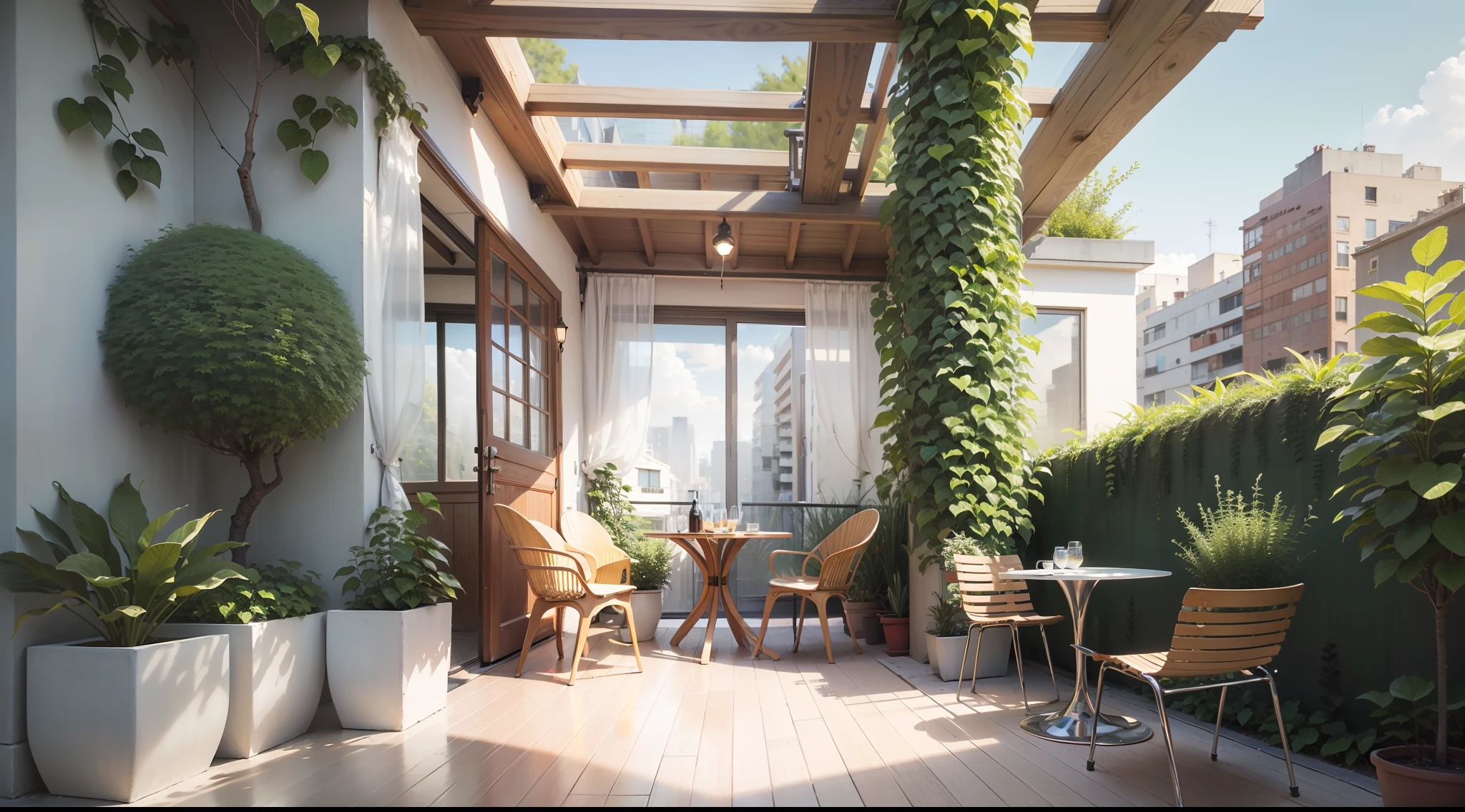 top-quality、Superior anatomy、Sunshine、high-class sense、Rooftop Garden、A tall view that makes you know that it is on the second floor、White garden furniture under the pergola、The table