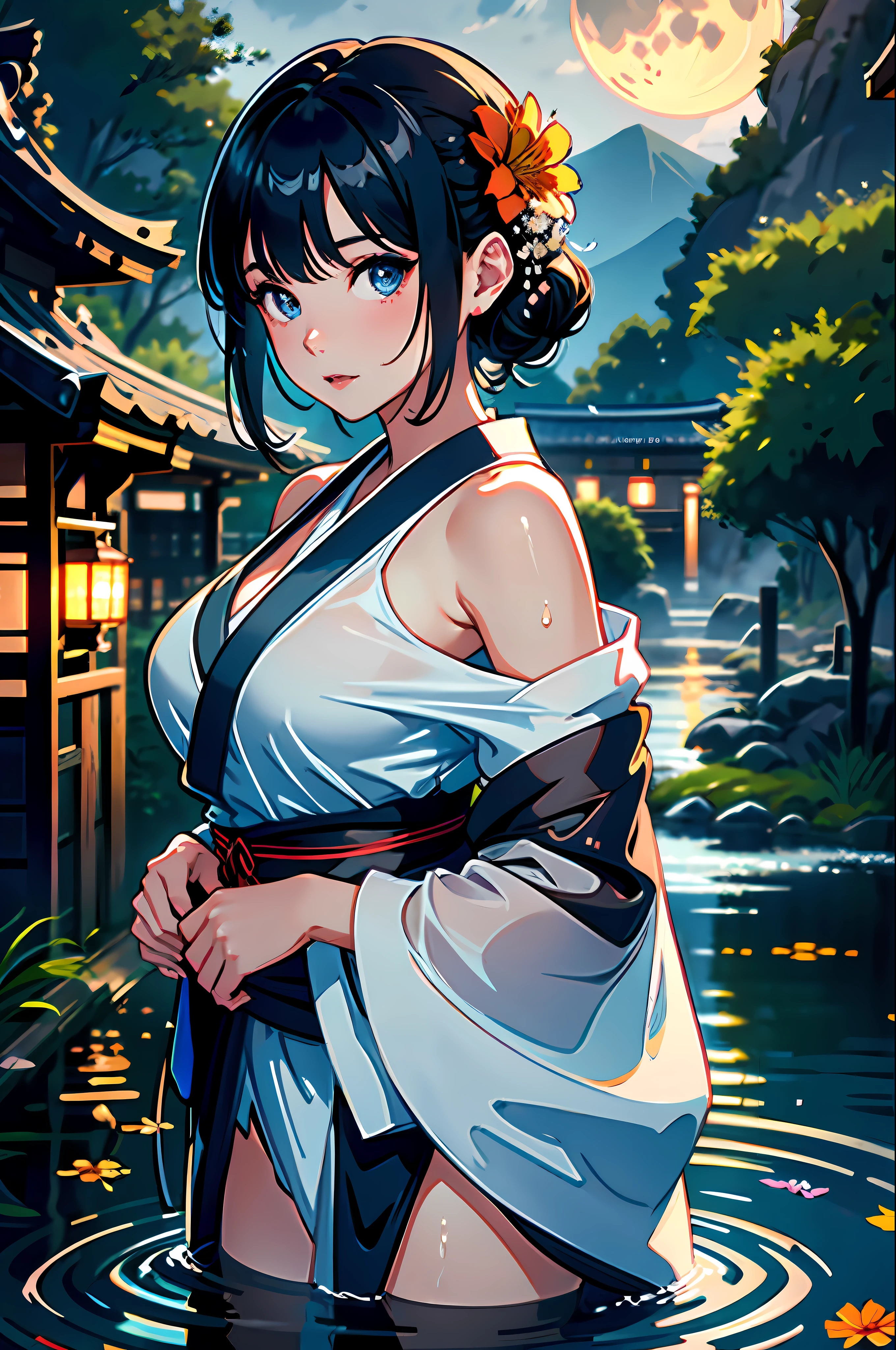 1girl, breasts, moon, lantern, night, solo, large breasts, hair ornament, wet, kimono, japanese clothes, wading, water, hair flower, flower, outdoors, sky, full moon, rain, black hair, off shoulder, mountain, cloud, holding, sash, bare shoulders, paper lantern, standing, white kimono, night sky, sideboob, obi, wet clothes, bangs, tree, from side, reflection, short hair, cloudy sky, wet hair (((masterpiece),(extremely detailed CG unity 8k wallpaper),best quality,,solo,1girl,cinematic lighting,detailed background,beautiful detailed eyes,bright pupils, (an extremely delicate and beautiful),(Beautiful and detailed eye description), ultra-detailed,masterpiece,)),
