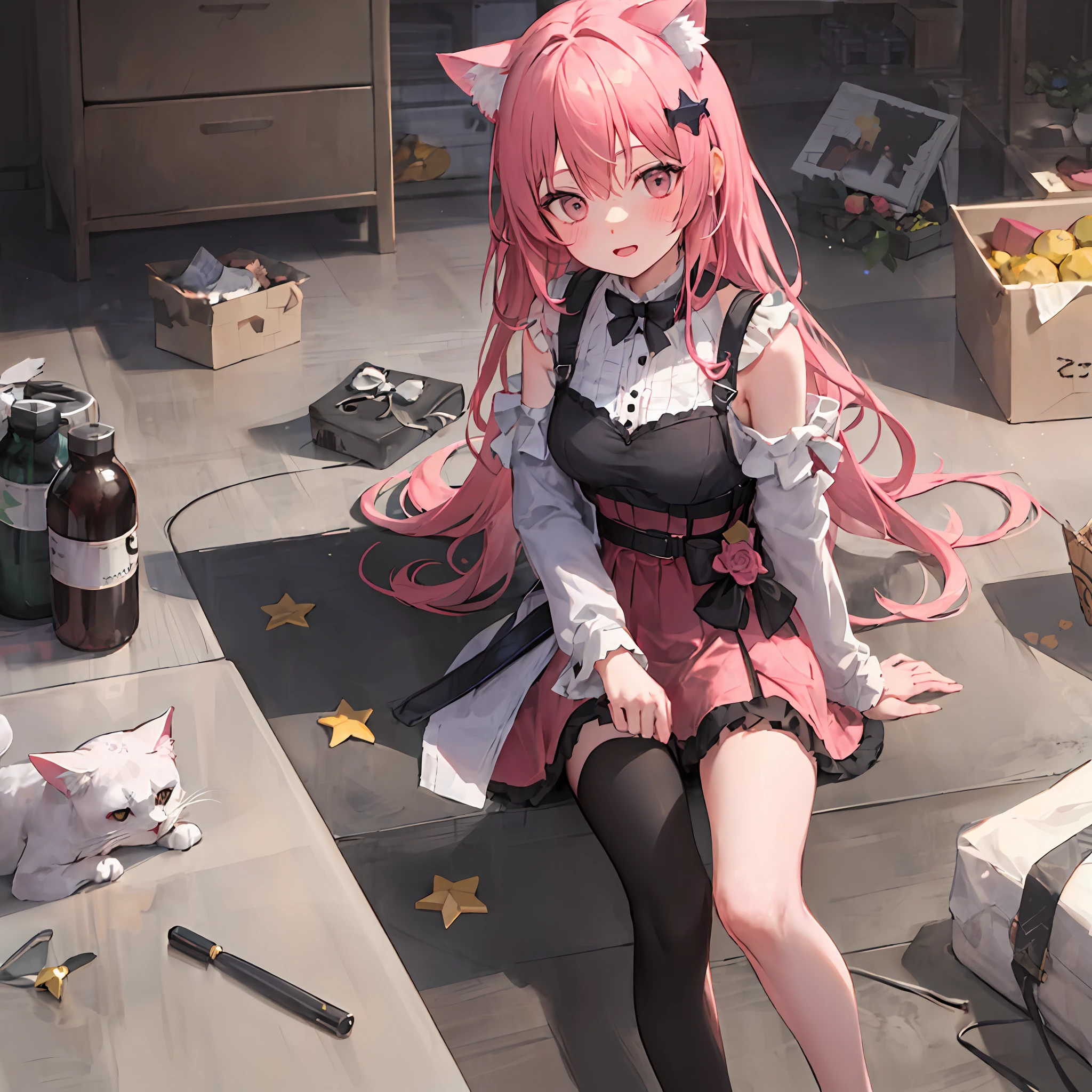 Pink haired two-dimensional girl wearing JK with star hair ornaments cat ears