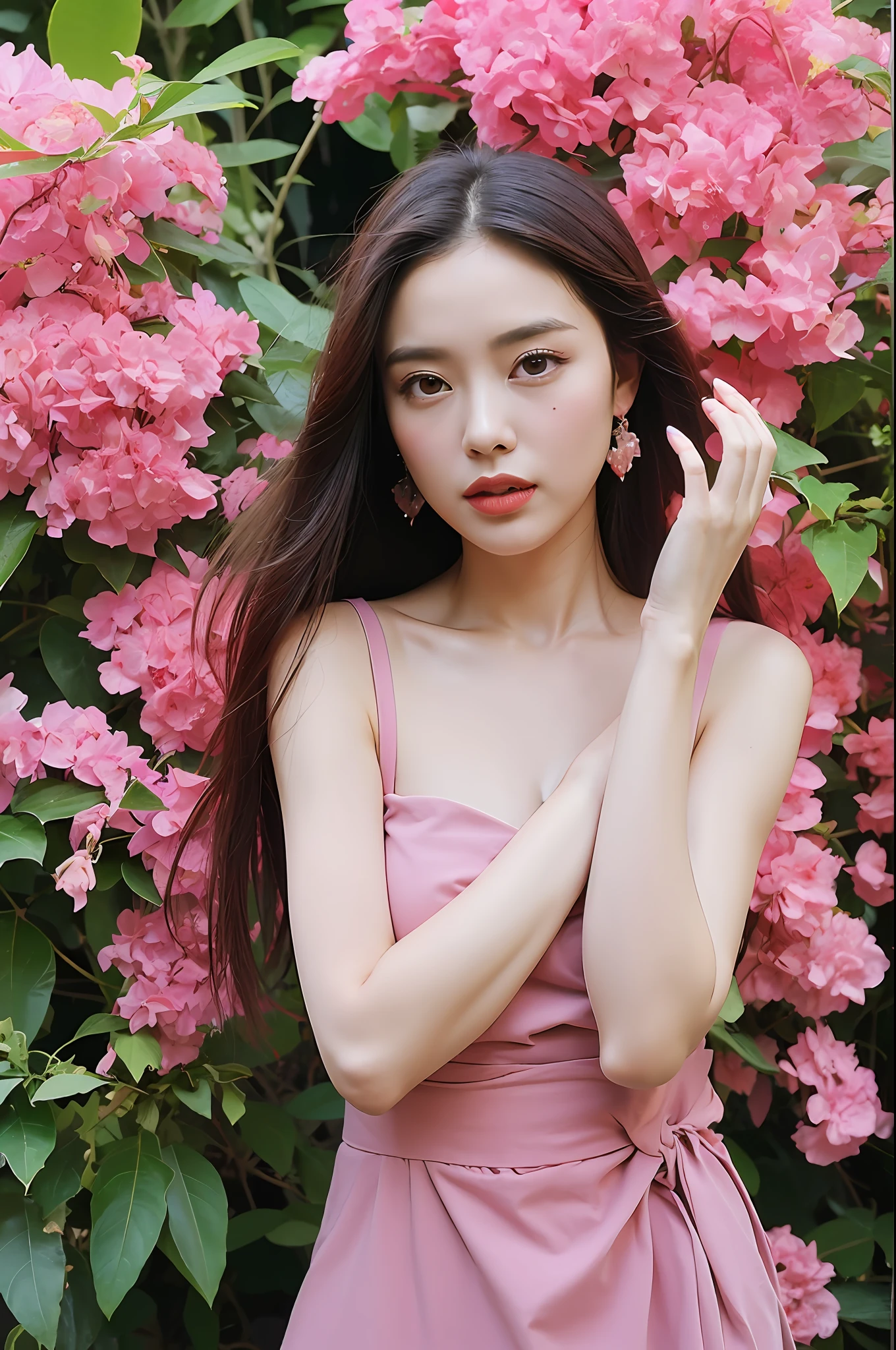 (extra detailed body、extra detailed face、best qualtiy:1.2)、femele、looking at the viewers、(pink bougainvillea chaos in the background:1.4)