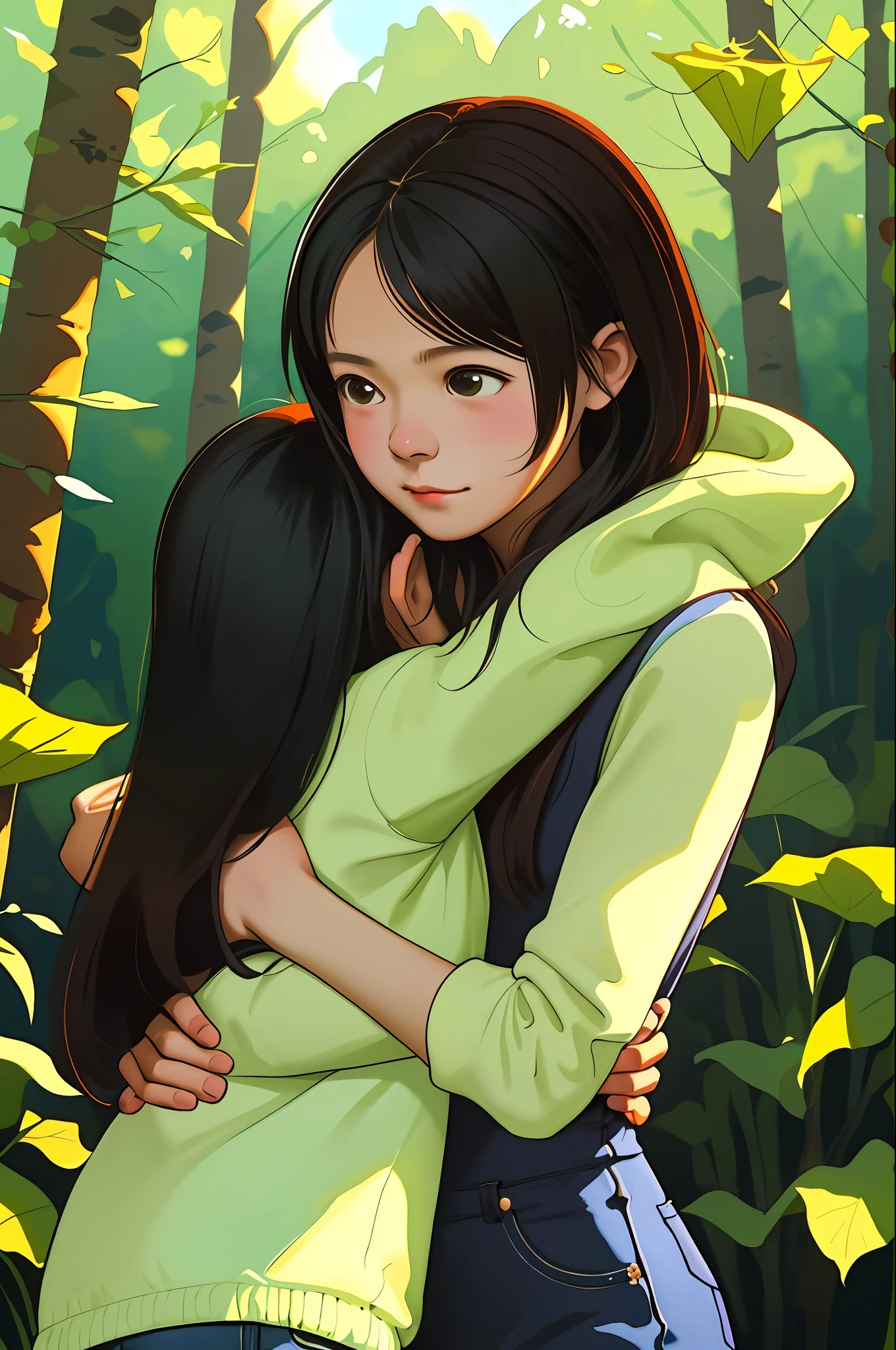 Two girls hugging，and says：Good work，You are really great（Amanda Clark和A. J. Watercolor illustration by Casson）ln the forest，hugs
 （tmasterpiece，best qualtiy：1.3），