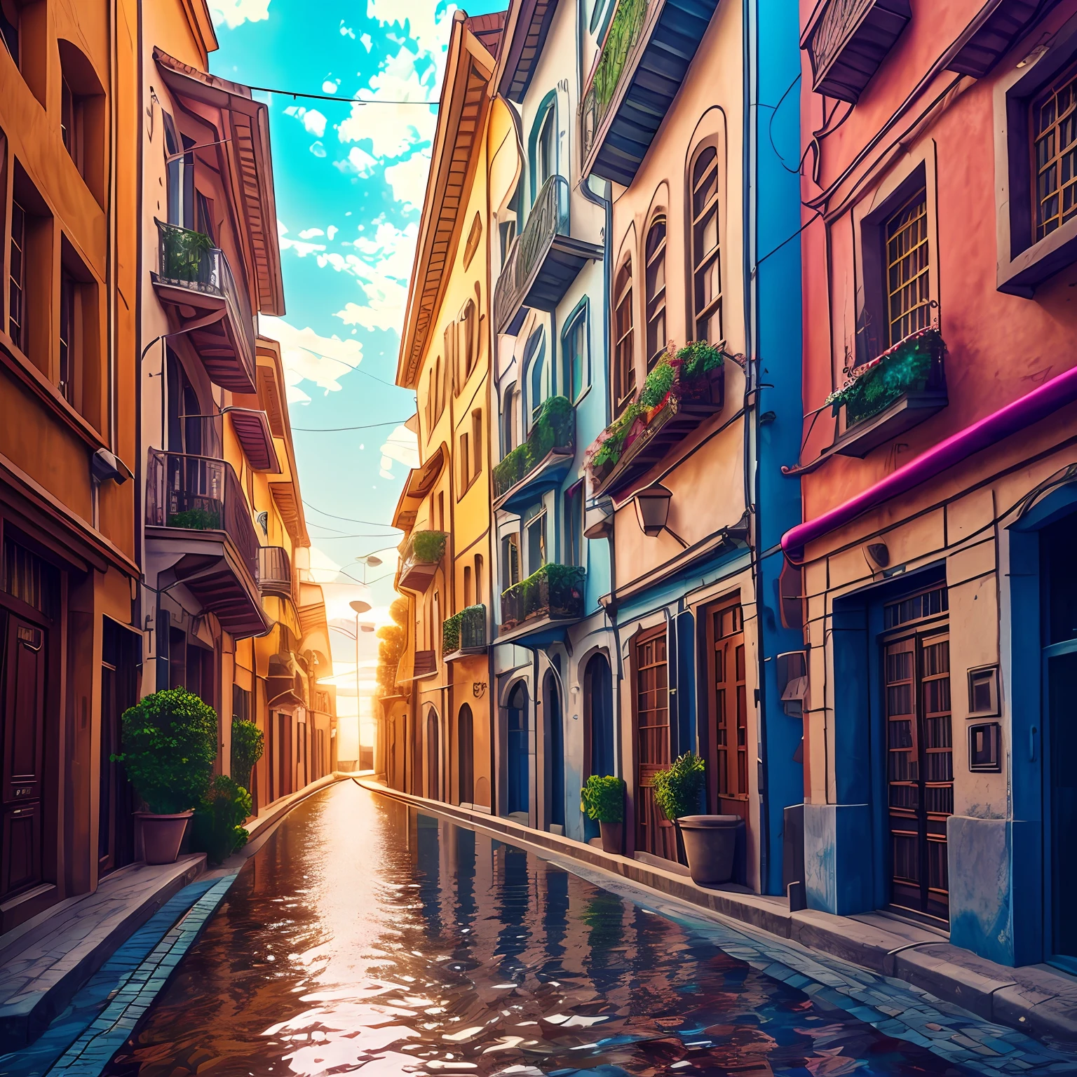 A corner of the city, multicolored hair, Surrealism, cinematic lighting, partially underwater shot, retina, super detail --quality .5 --version niji --auto