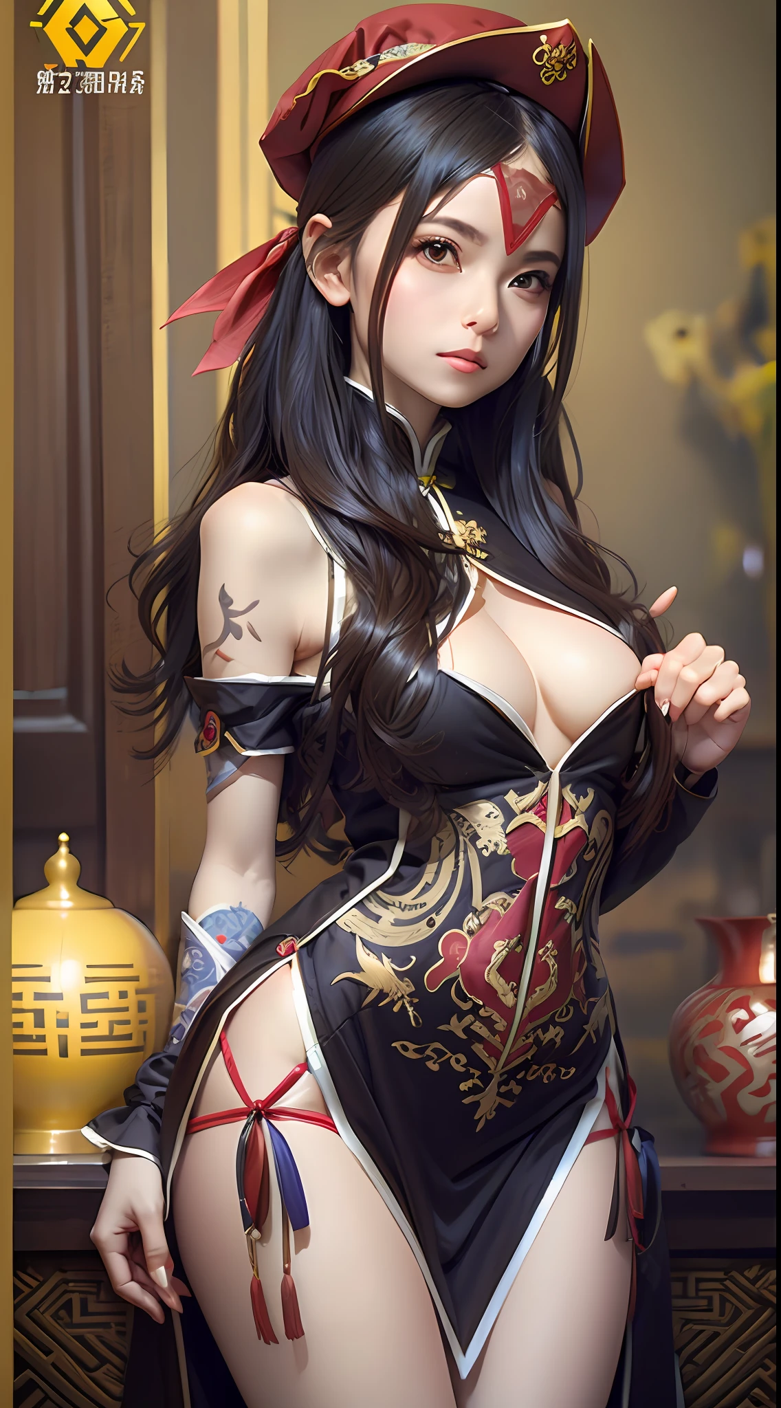 (qualidade superior, 8k, obra-prima: 1.3)), ((melhor qualidade)), ((Melhor textura de pele)), ((obra-prima)), (detalhado: 1.4) sharper: 1.2, NVIDIA RTX Ray Tracing, Beleza Corporal Perfeita: 1.4, obra-prima, 1menina Jiangshi, Jiangshi , garota vampira, Vampira sexy, vestes chinesas curtas, pouca roupa, Paper talisman with a Chinese entrapment spell hanging from his forehead, legs visible, Breasts Visible, Jiangshi women's typical Chinese dress, corpo voluptuoso, Pose sexy, Garota sexy, Linda, sozinho, cabelo preto, Peito Inferior, Luz_sorrir, folded arms, Seios enormes, decote nos seios, seios grandes e redondos, bunda grande, pernas grossas e torneadas, quadril largo, China antiga, China Imperial, noite, starly sky, Sky of stars, estrelas cadentes, pegue a chave, Chinese cemetery, alta resolução, Ultra realismo, Fotorealista.