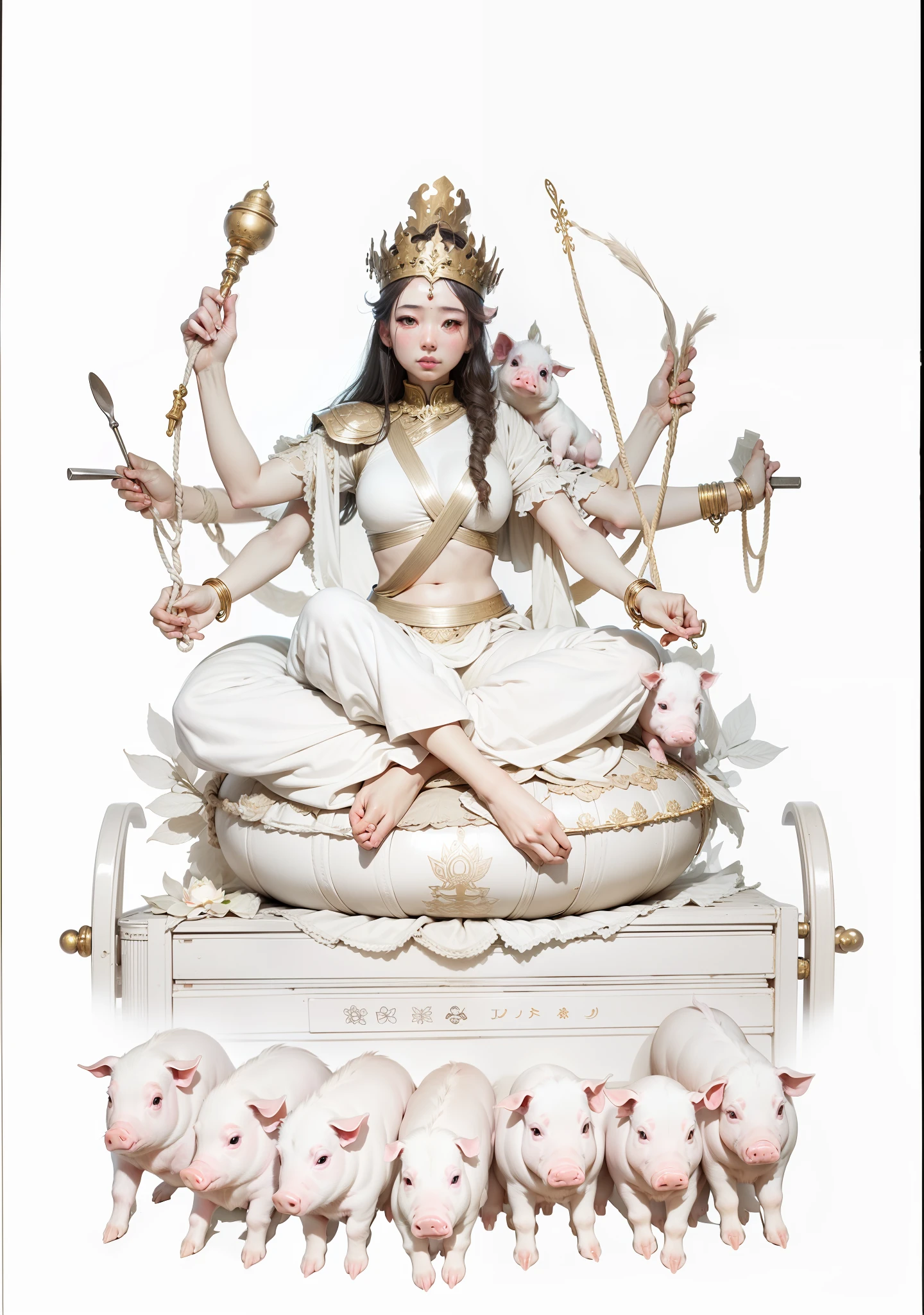 The beautiful goddess sits cross-legged and barefoot on a lotus seat,Beautiful figure,The human body is anatomically precise,Wearing a golden crown on his head,Hair drapes over the shoulders,(((Six arms)))Each hand holds a magic weapon,Seven piglets with ropes tied to their backs,There are no piglets on the rosette,The trolley has two wheels,There are no piglets on the shoulders。The background has a round light,Clear and clean sky,