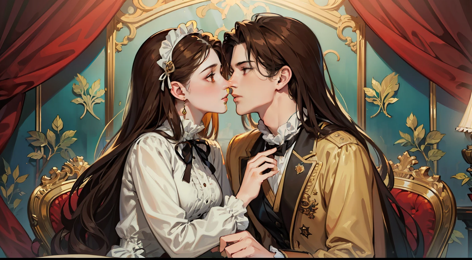 ((masterpieces)), best quality, outstanding illustration, a couple kissing, soft focus, 1 boy with long black hair, RED EYES, 1 girl with long brown hair, BROWN EYES, Victorian clothes, Victorian romanticism, opulent and exquisite atmosphere, soft light and warm lighting. (((SPECIFIC CHARACTERISTICS)))