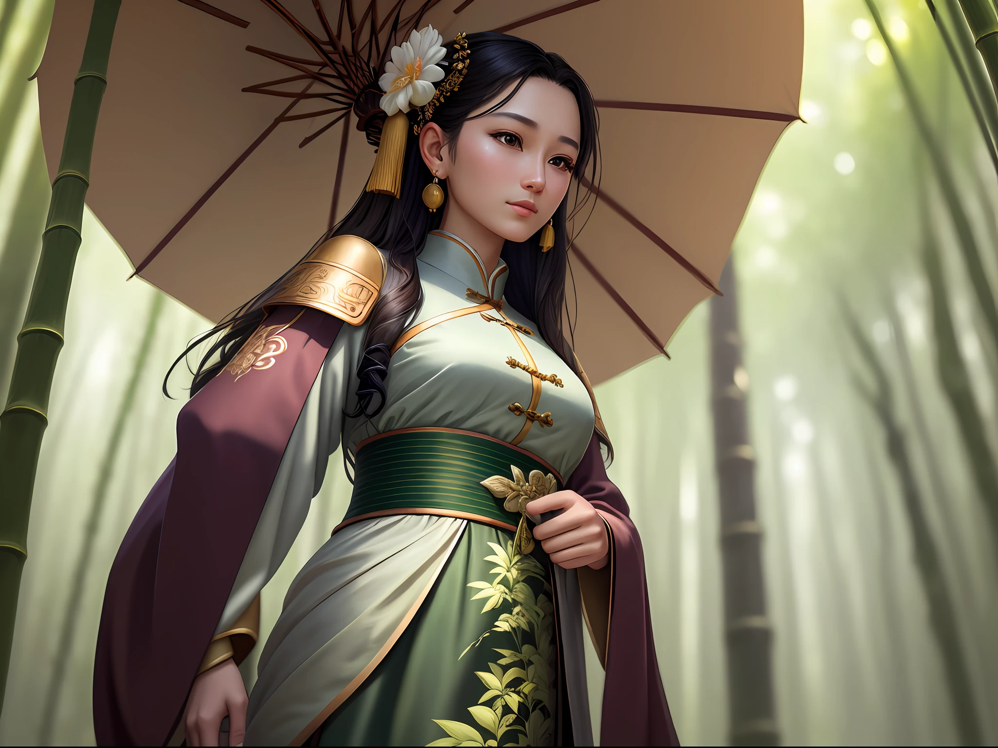 masterpiece, extremely detailed CG unity 8k wallpaper, 1girl, beautiful, realistic, blurry, blurry_background, blurry_foreground, bamboo forest, depth_of_field, earrings,jewelry, nose, realistic, solo,chinese clothes, rain