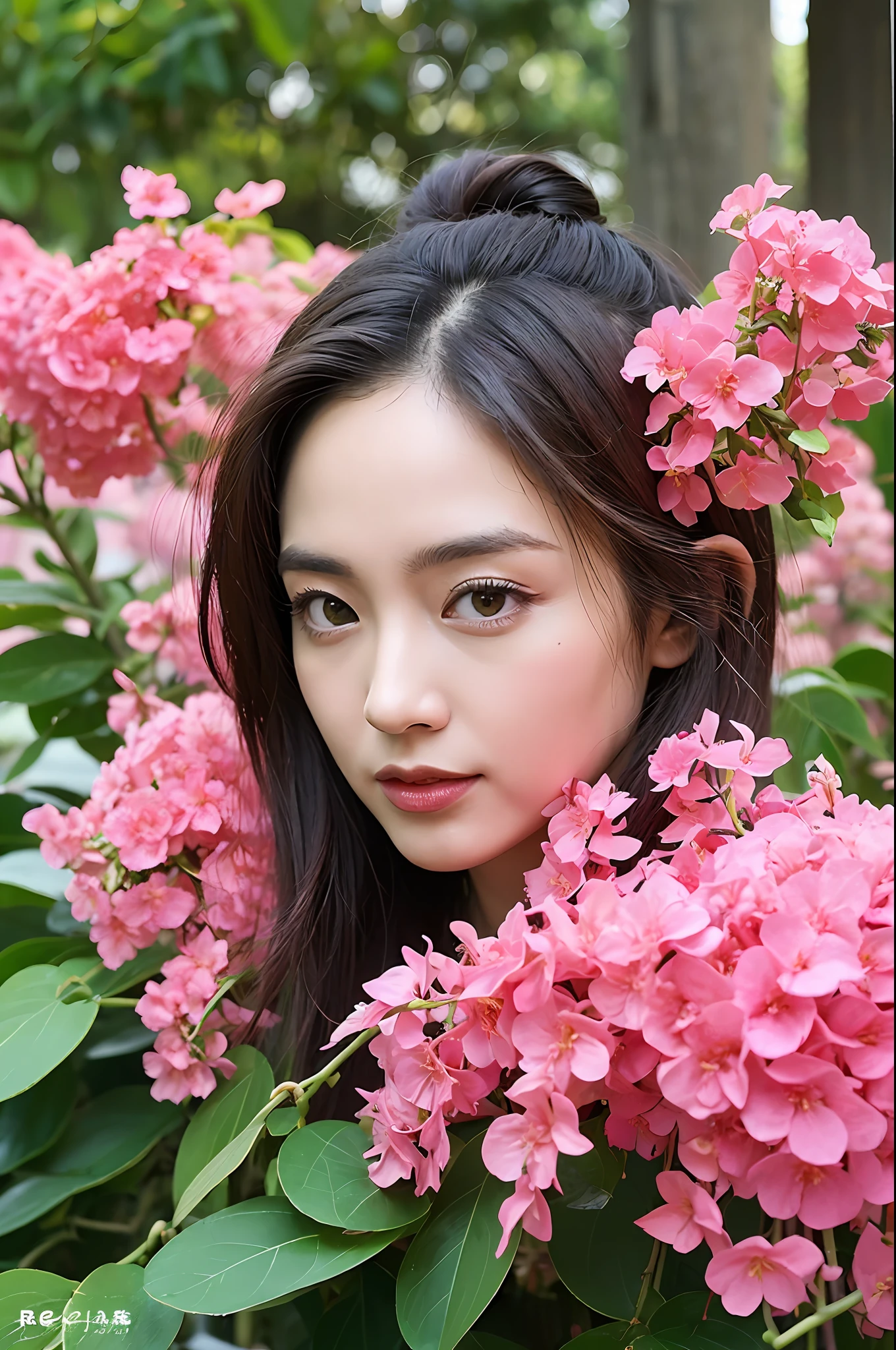 (extra detailed body、extra detailed face、best qualtiy:1.2)、femele、looking at the viewers、(pink bougainvillea chaos in the background:1.4)