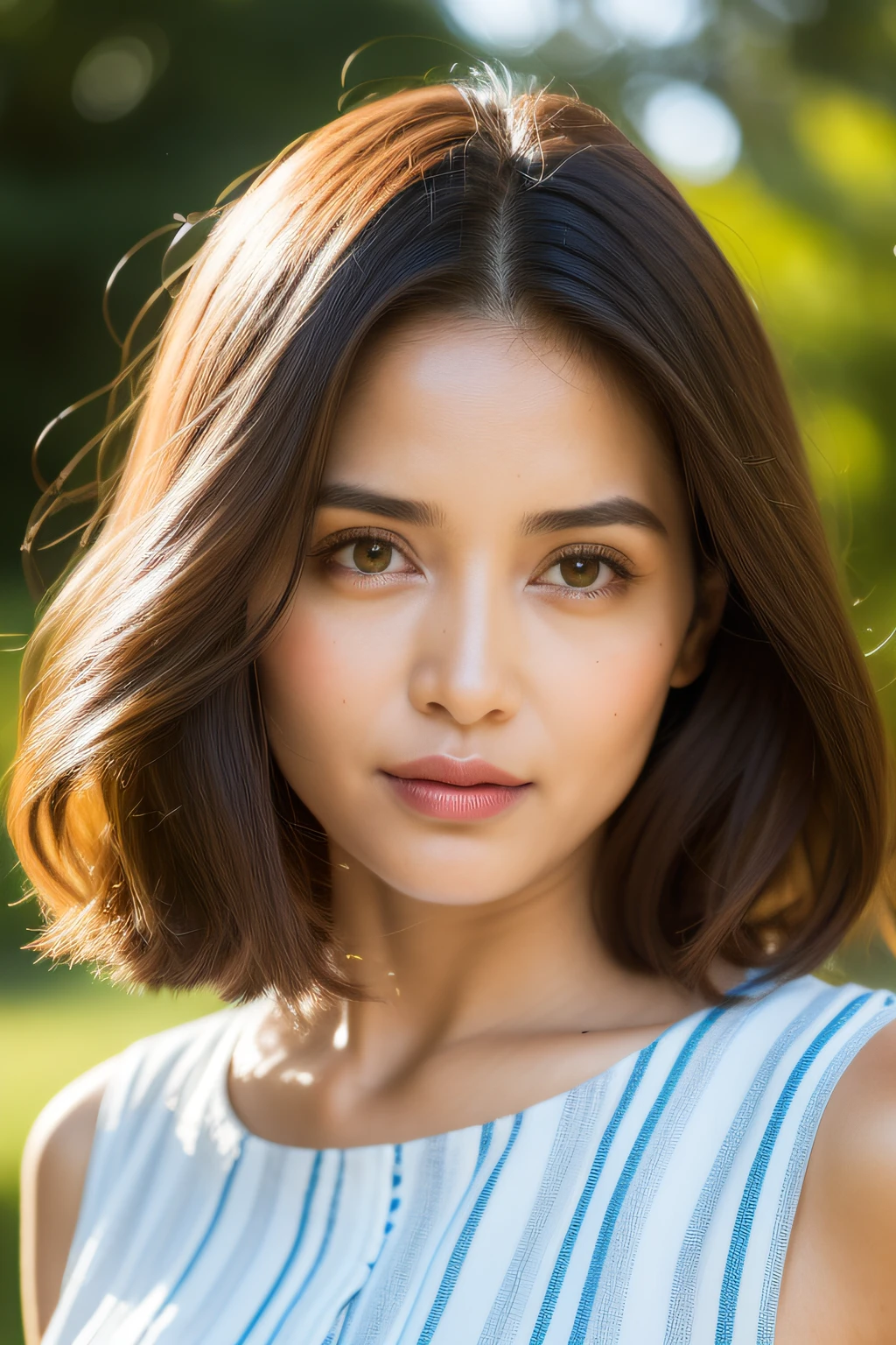 fotografia de uma bela mulher, cabelos curtos, pele morena, olhos grandes, rosto muito detalhado, pele bonita, usando um vestido vermelho, ultra realista, 8k