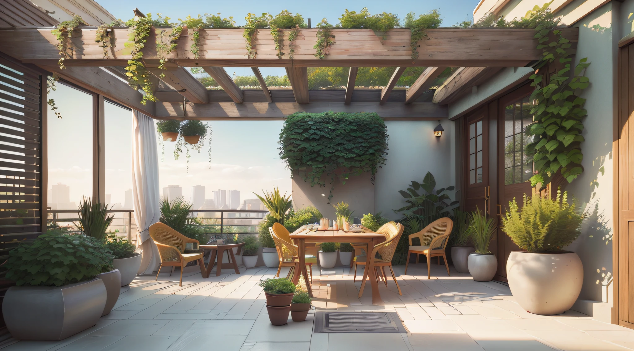 There is a patio with tables and chairs and plants, Beautiful terrace, plants and patio, green terrace, Outdoor Design, highly detailed render, patio, high quality render, Photorealistic style, terraces, archviz, a photorealistic rendering, high quality render, Ultra detailed scene, beautifully detailed render, photo realistic style, Rooftop garden, realistic afternoon lighting