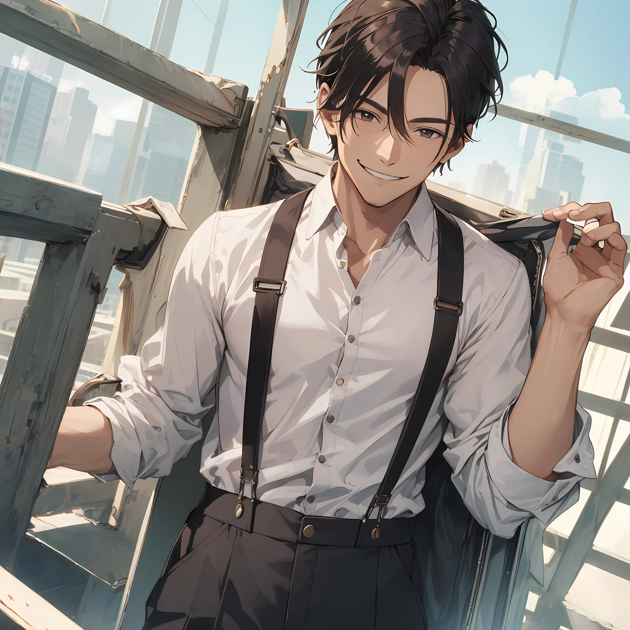 A handsome man,Clear facial features,middle parted hairstyle,Wear suspenders,With a smile on your face