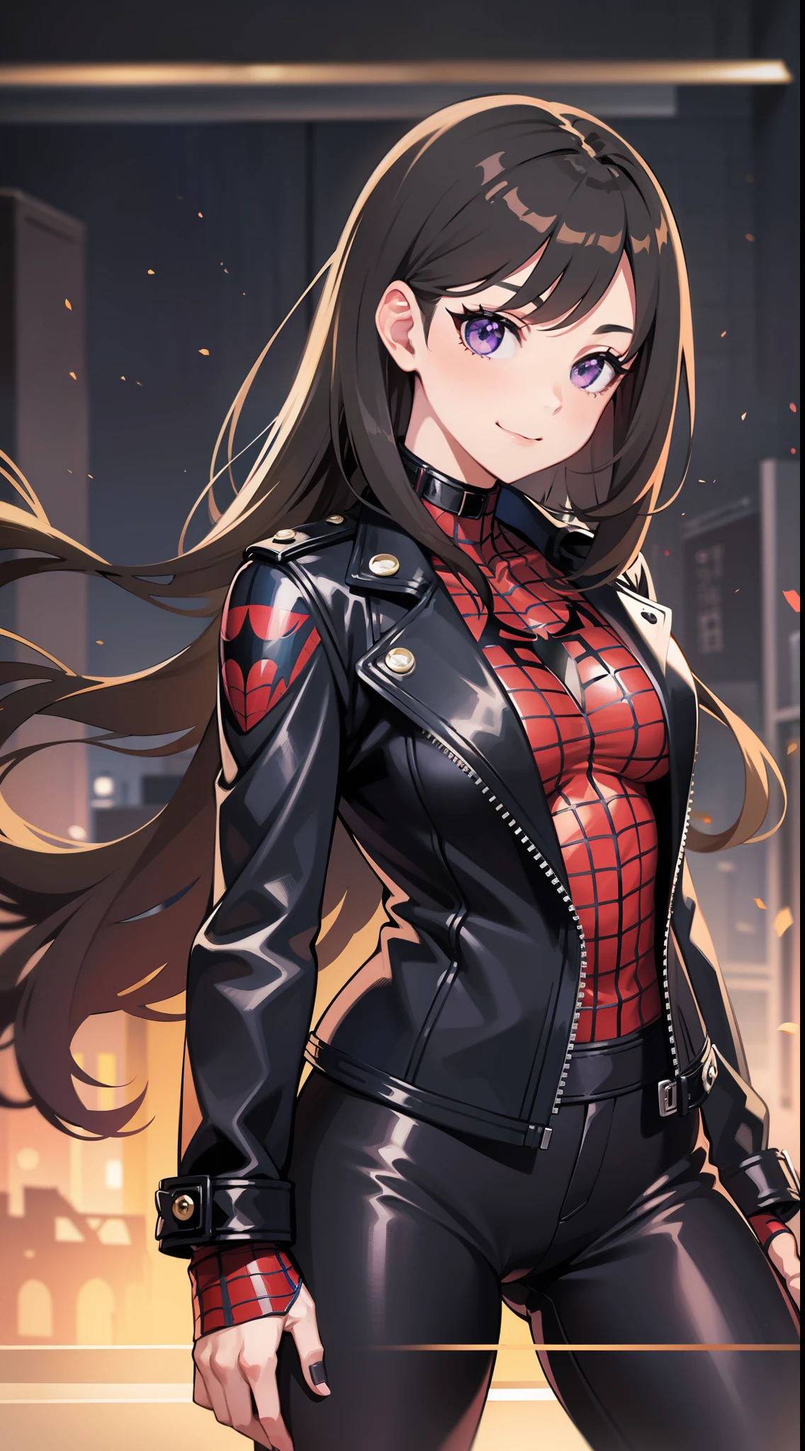 young girl, Long brown hair, violet eyes, black leather jacket, Spider-Man 2099, ssmile, Masterpiece, hiquality