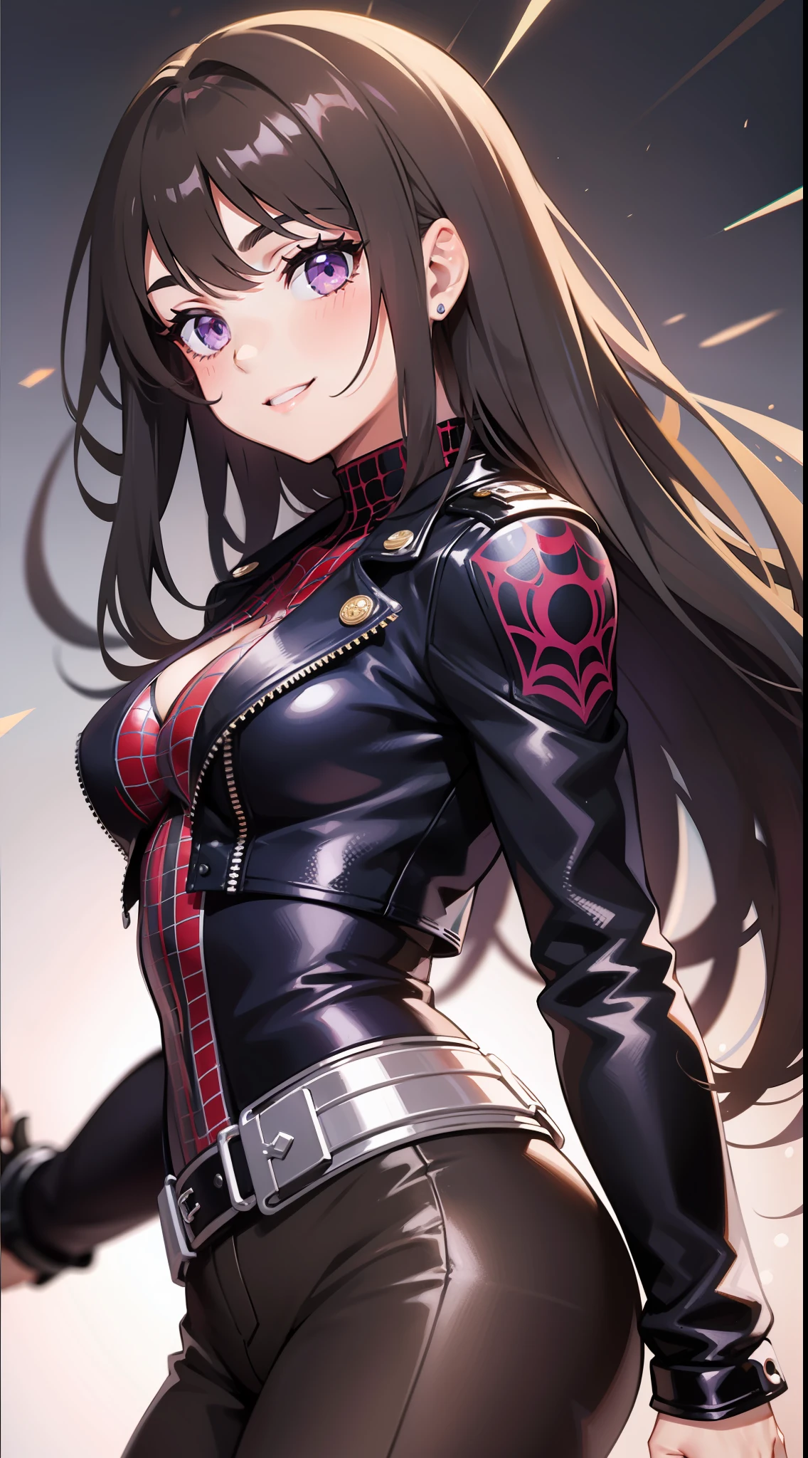 young girl, Long brown hair, violet eyes, black leather jacket, Spider-Man 2099, ssmile, Masterpiece, hiquality