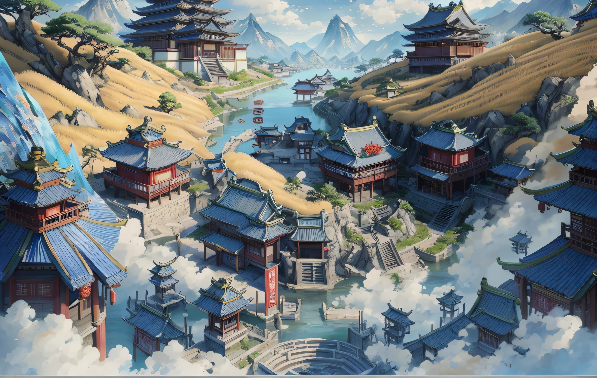 Anime - a style painting of a village with rivers and mountains, ross tran. scenery background, Beautiful rendering of the Tang Dynasty, G Liulian art style, ancient city landscape, dreamy Chinese towns, concept art highly detailed, japanese town, Chinese village, Detailed scenery —width 672, traditional japanese concept art, Anime landscape concept art, cyberpunk chinese ancient castle